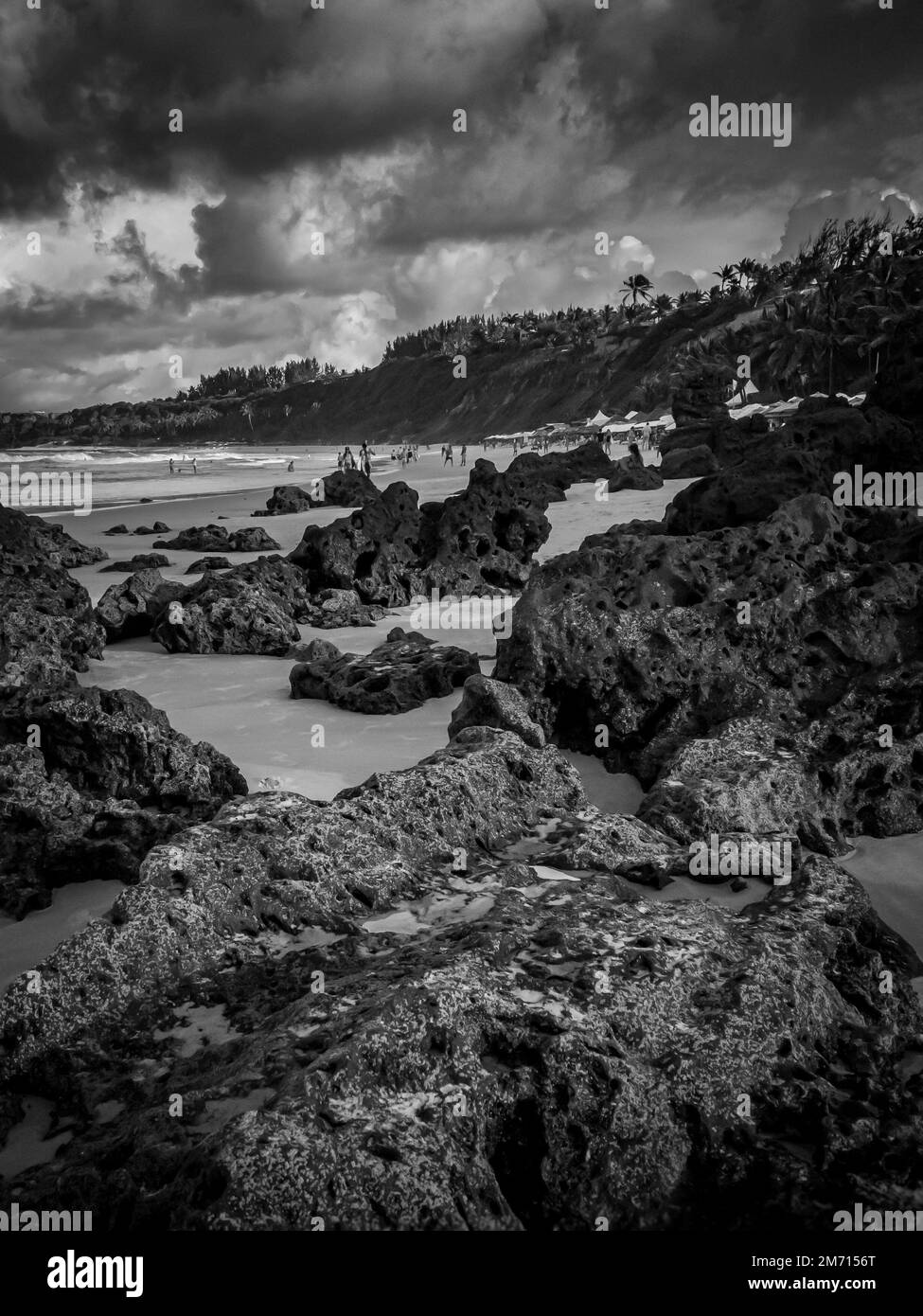 A grayscale vertical shot of a rocky coast with cloudy sky and cliff in the background Stock Photo