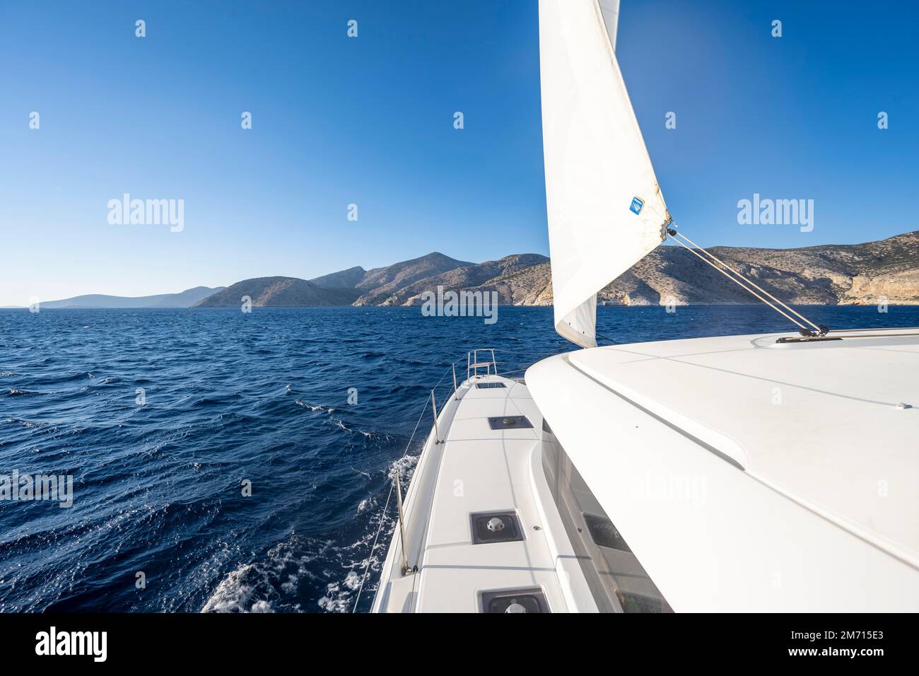 Sailing catamaran sailing on the sea, South Aegean, Greece Stock Photo