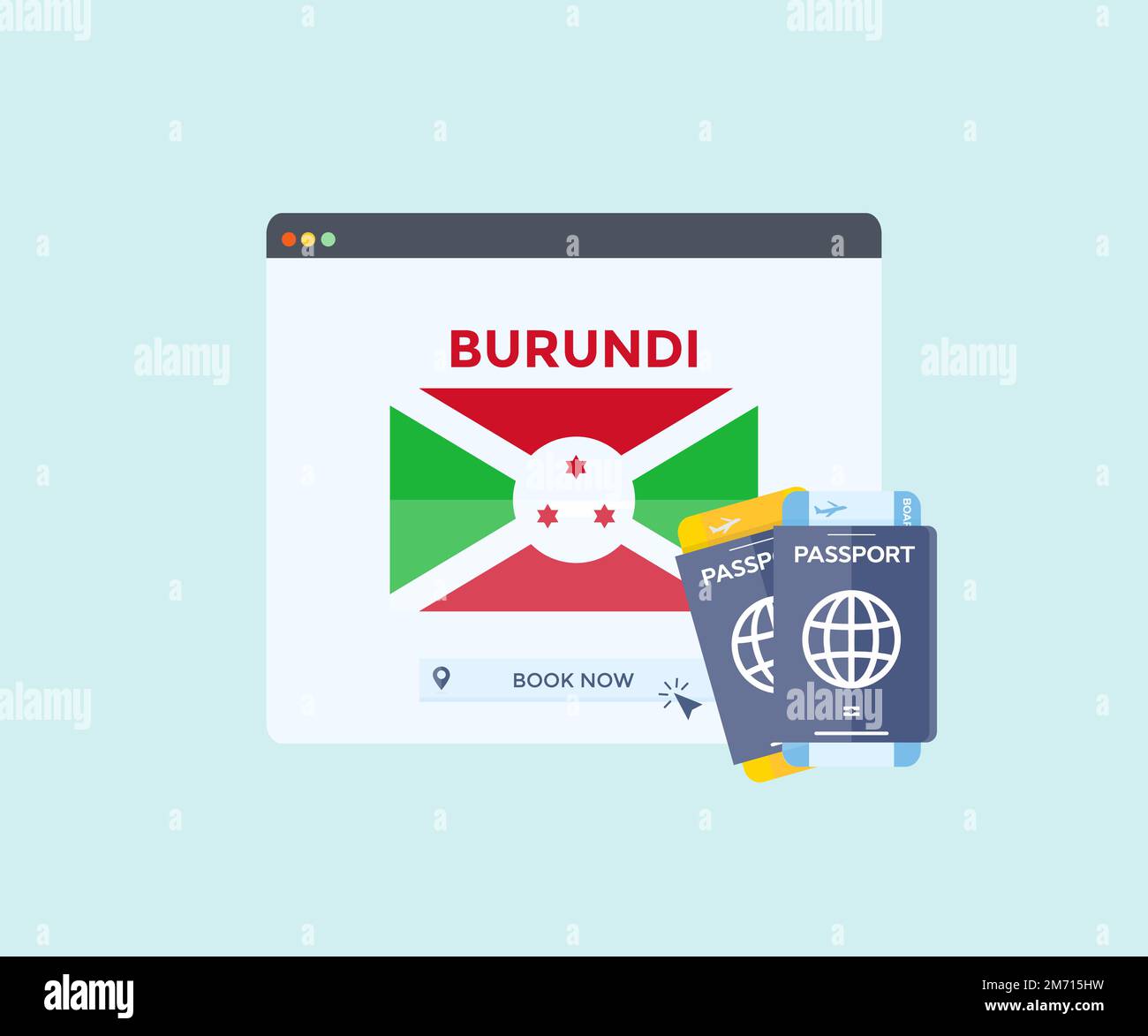 Online booking service on web browser site, trip, travel planning country Burundi national flag. Online reservation of plane tickets. Stock Vector