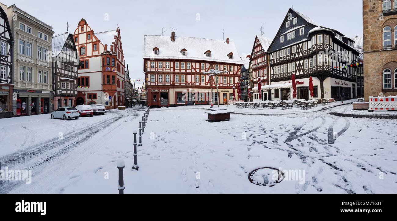 Panorama photo market place with half-timbered houses on it with snow, Alsfeld, Hesse, Germany Stock Photo