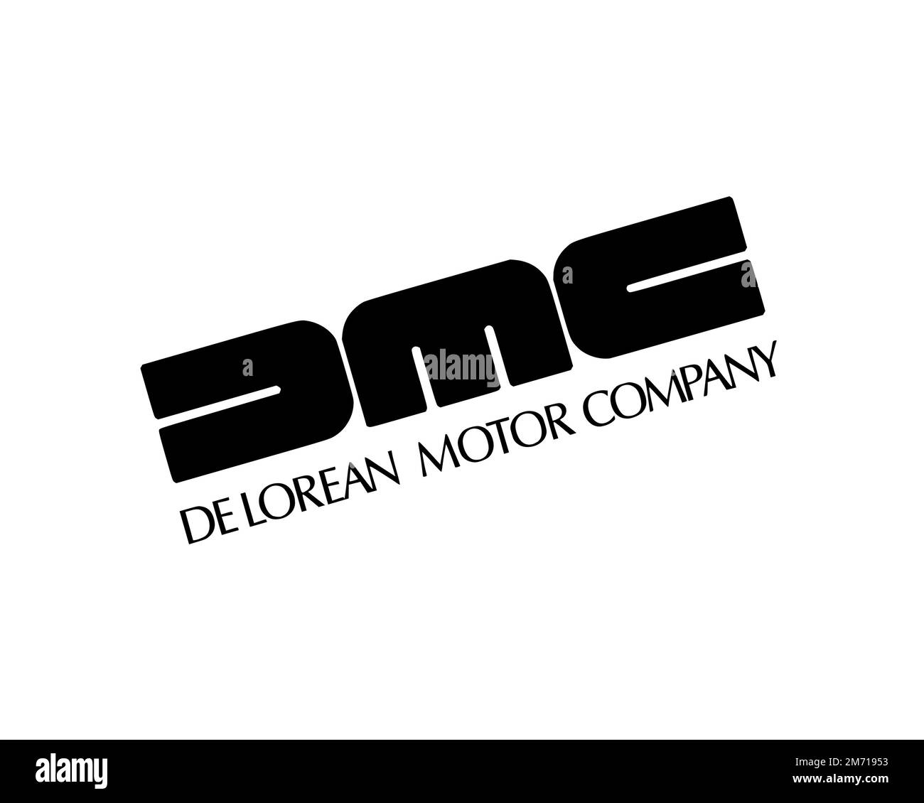 DeLorean Motor Company Texas, Rotated Logo, White Background Stock Photo