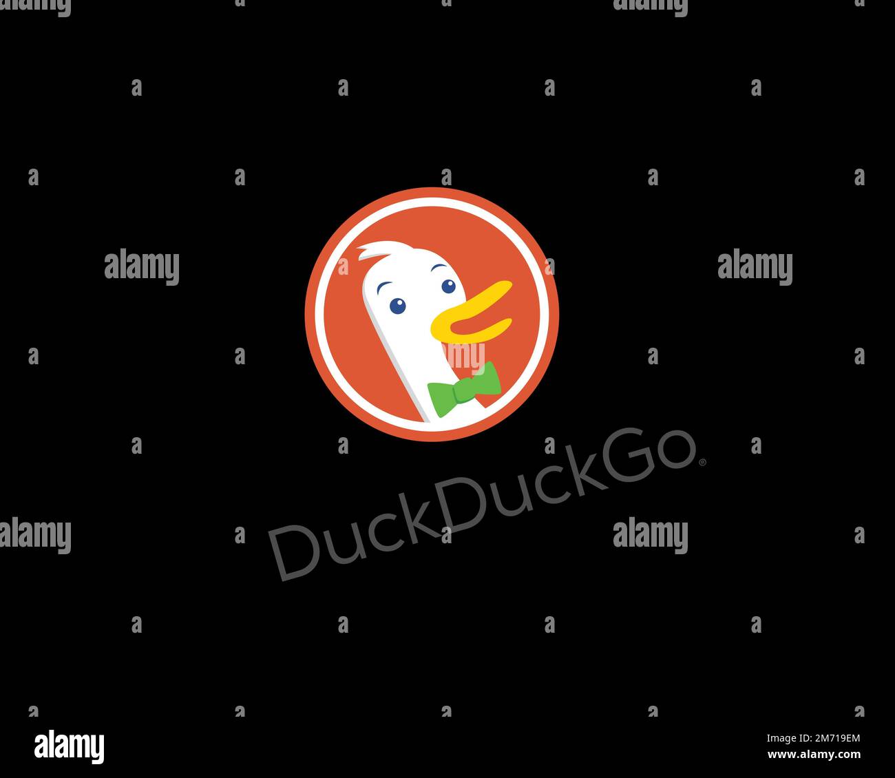 DuckDuckGo, rotated logo, black background Stock Photo