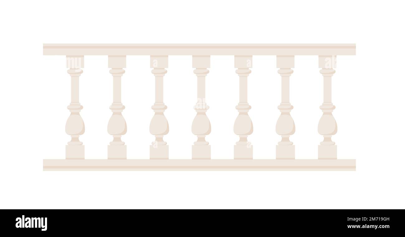 Stone balustrade with balusters for fencing. Palace fence. Balcony handrail with pillars. Decorative railing. Castle architecture element. Flat vector Stock Vector