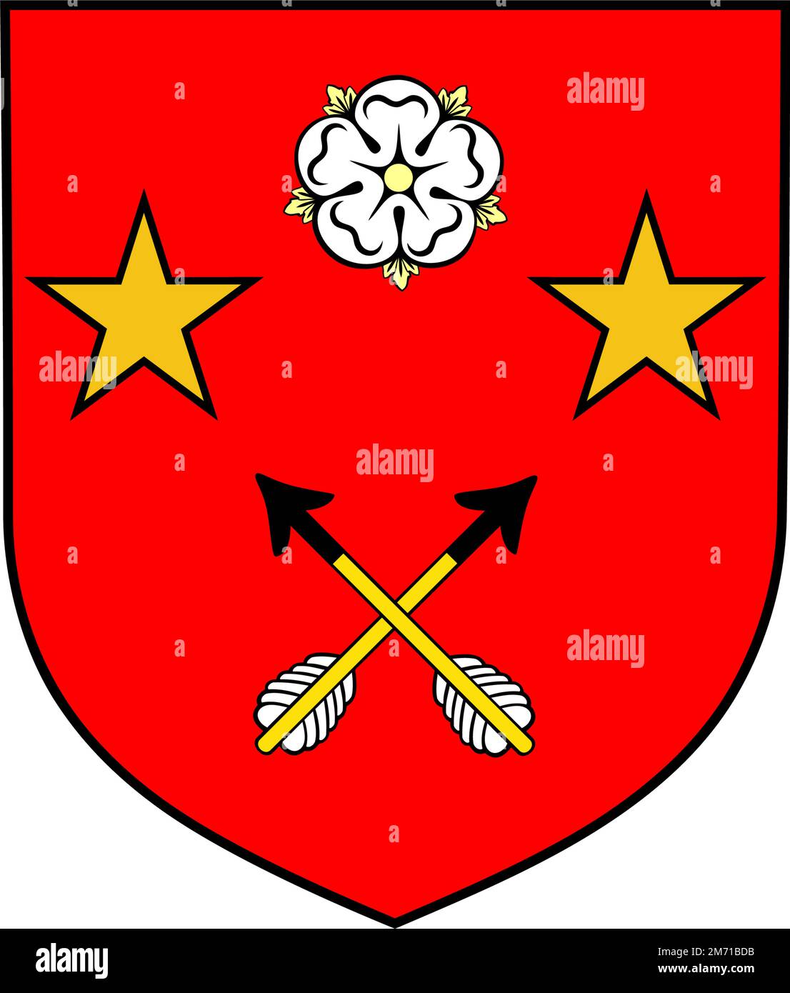 RED HERALDIC SHIELD WITH WHITE FLOWER, STARS AND ARROWS Stock Vector