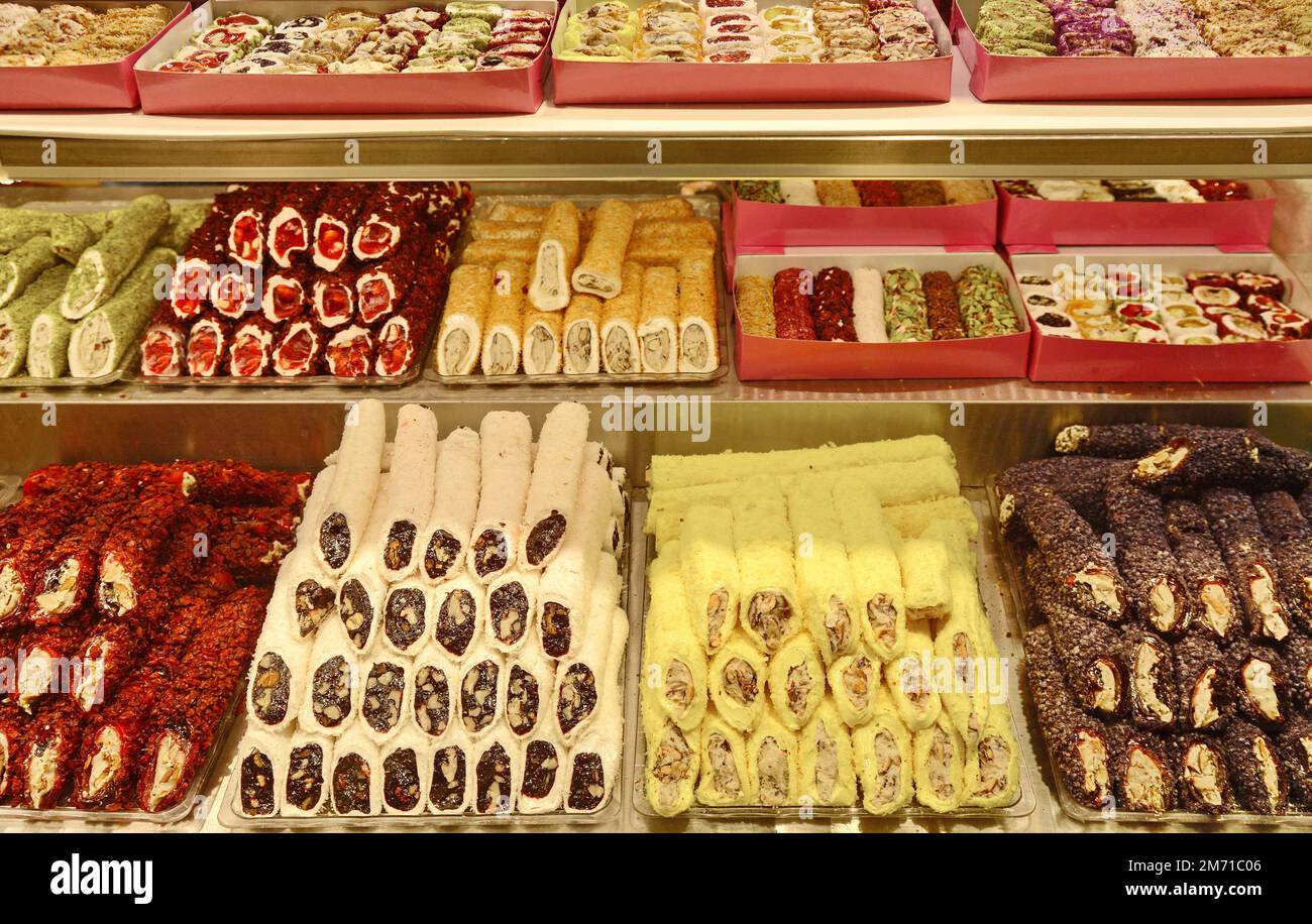 Various types of Turkish delicacy. Pistachio, jelly and peanuts Stock