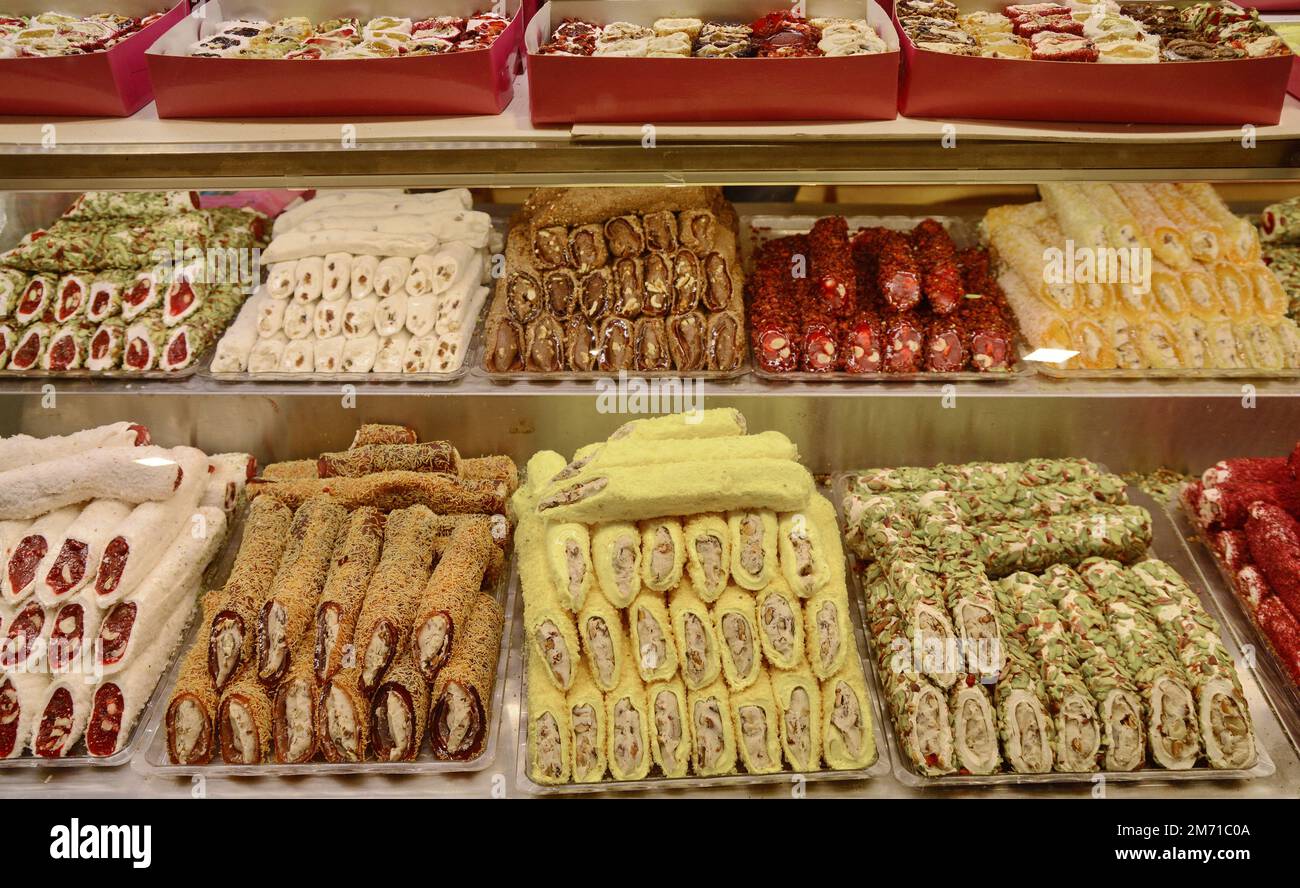 Various types of Turkish delicacy. Pistachio, jelly and peanuts Stock