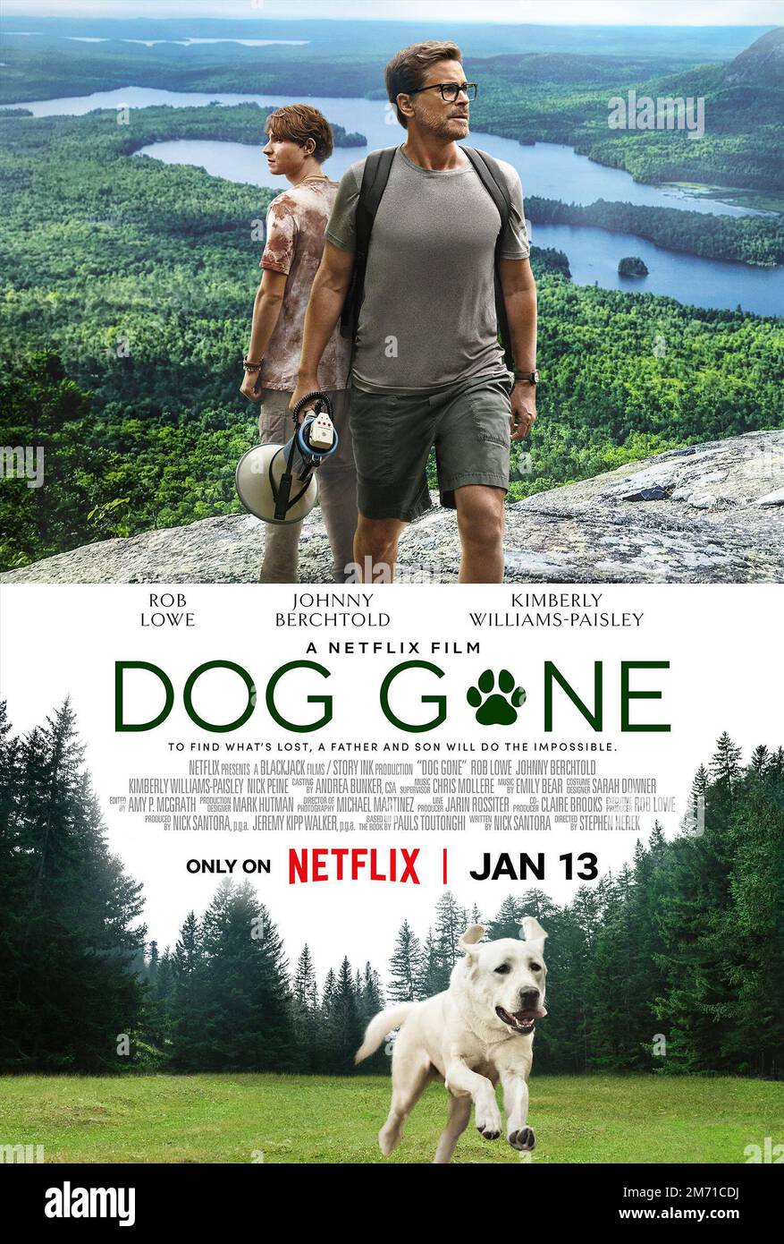RELEASE DATE: January 13, 2023. TITLE: Dog Gone. STUDIO: Netflix. DIRECTOR: Stephen Herek. PLOT: Based on the true story of a father and son who repair their fractured relationship during a forced hike of the Appalachian trail to find their beloved lost dog. STARRING: JOHNNY BERCHTOLD, ROB LOWE poster art. (Credit Image: © Netflix/Entertainment Pictures) Stock Photo