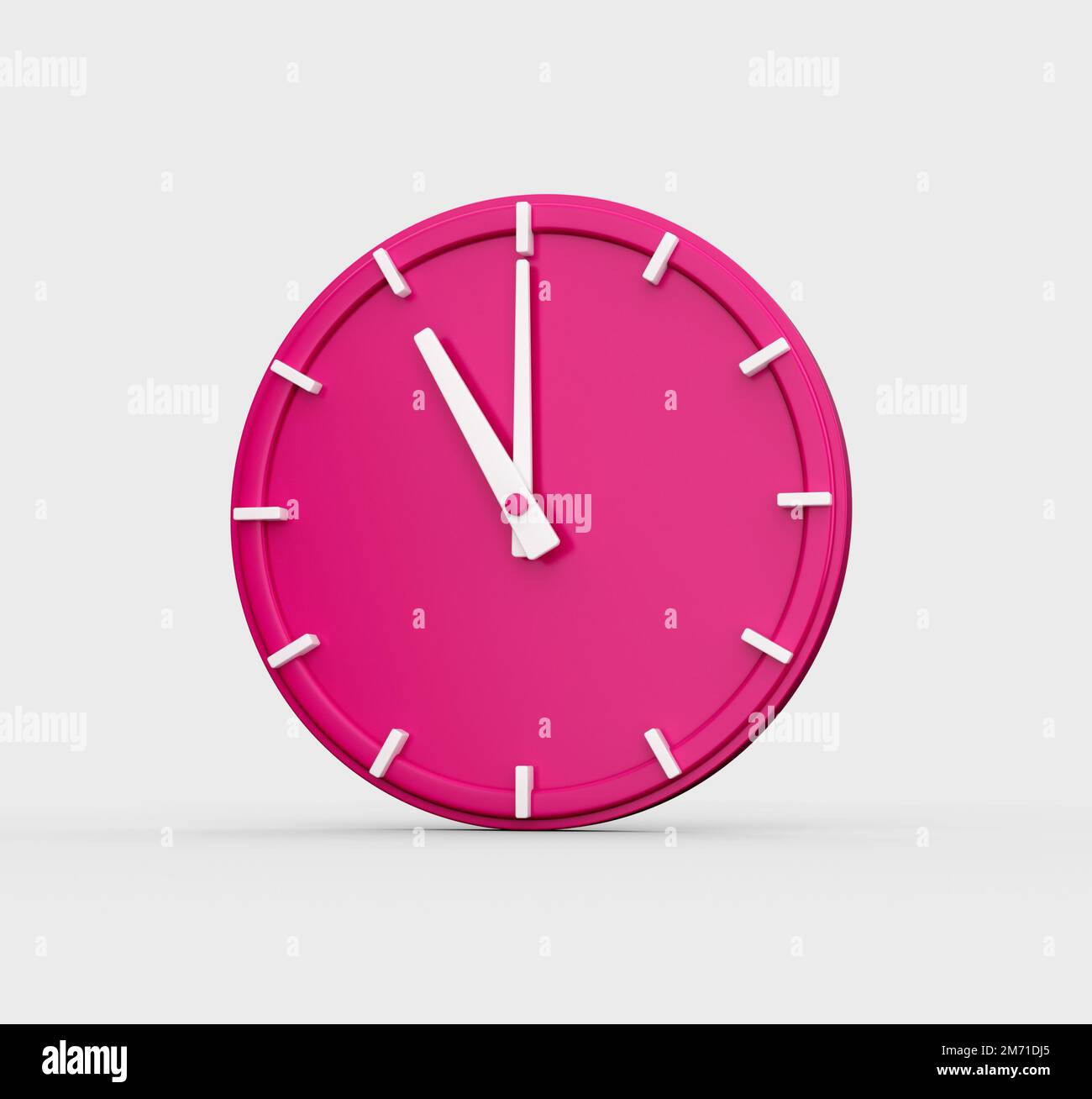 A 3D render of a pink wall clock showing the time 11 o'clock isolated on a white background Stock Photo