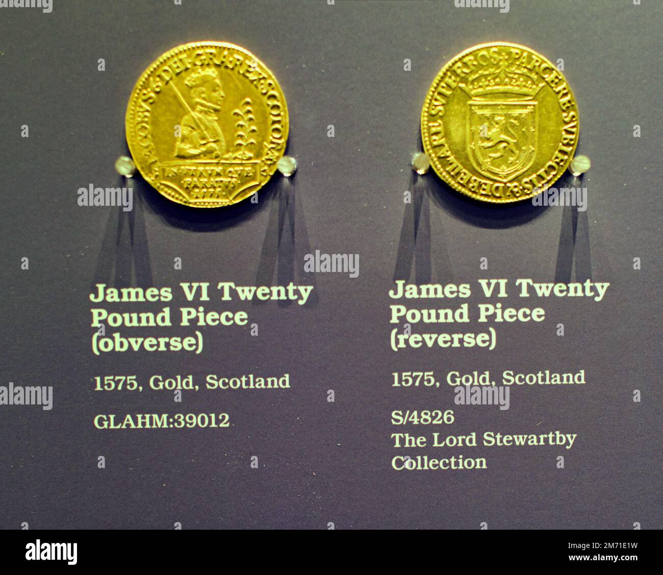James VI twenty 20 pound gold piece coin front and back, obverse and reverse in the hunterian art gallery Stock Photo