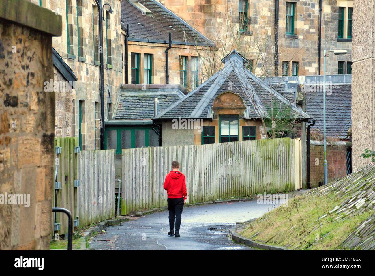 Glasgow university student  on street on the campus in the  affluent west end backcourts lane Stock Photo