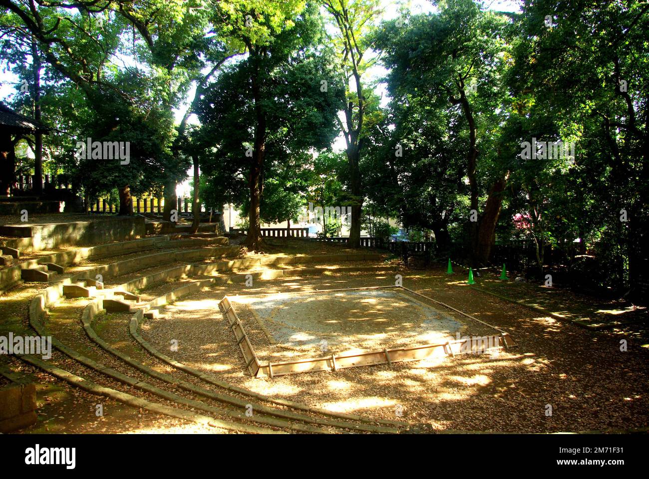 Outdoor sumo ring at Setagaya Hachimangu shrine Stock Photo