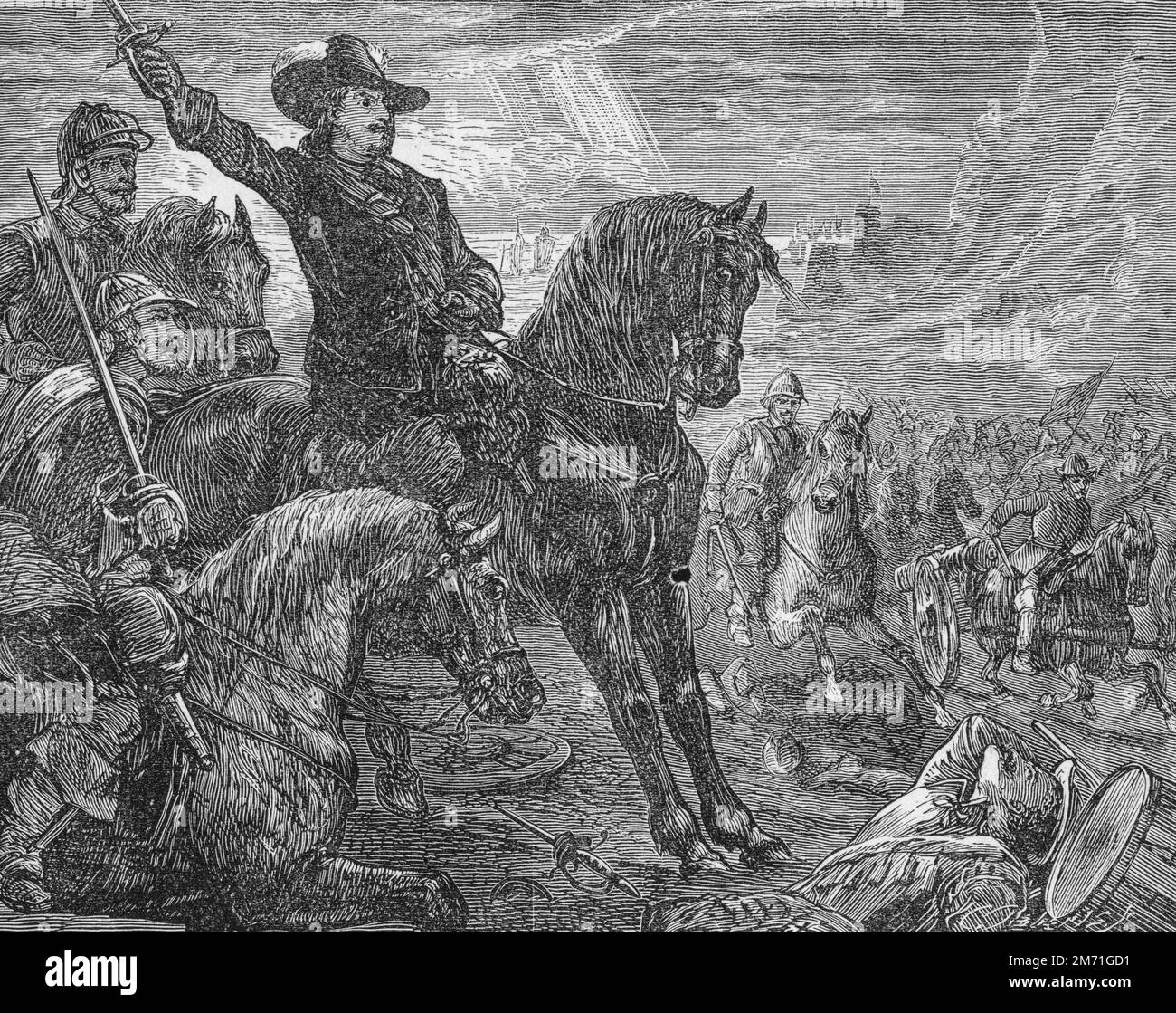 Depiction of Oliver Cromwell during the Battle of Dunbar 1650 Stock