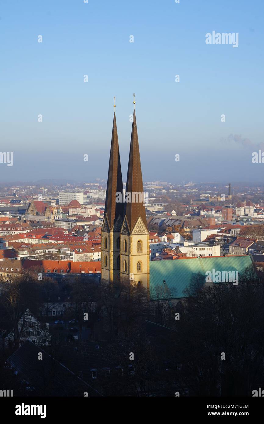 Bielefeld, Ostwestfalen, von oben, from the top, from the Sparrenburg, castle,Blick auf die Marienkirche im historischen Zentrum von Bielefeld, Stock Photo