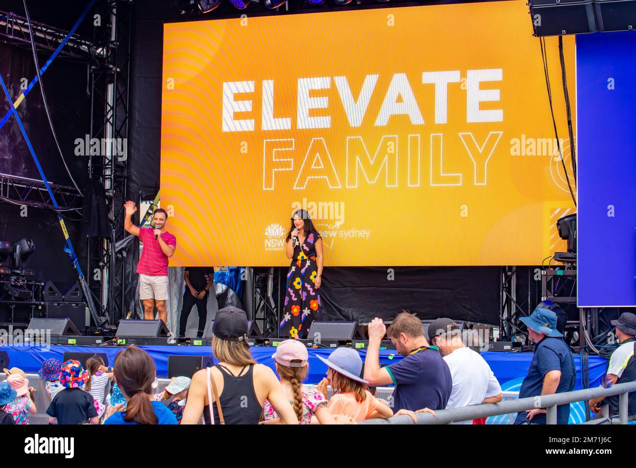 Jan 2023: Michelle Lim Davidson and Matthew Backer with a young crowd, on stage at Elevate Sydney on the Cahill Expressway in New South Wales, Aust. Stock Photo
