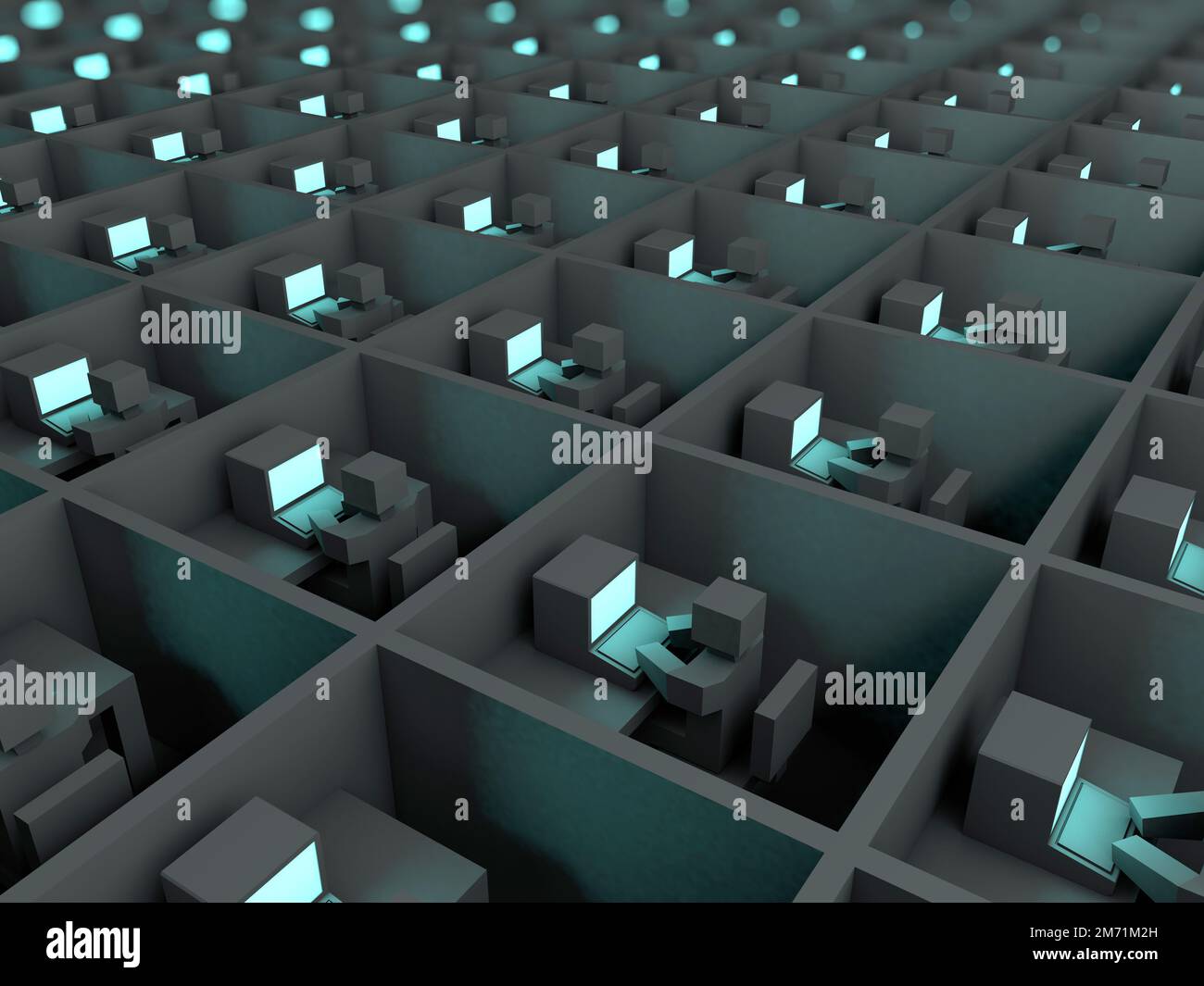 A 3D rendering illustration of small workspaces, equally divided by