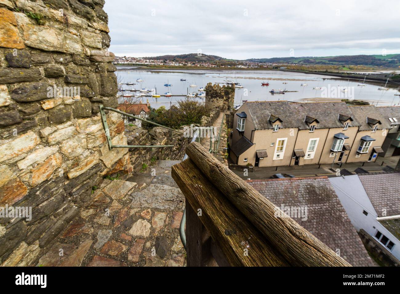 Conwy Town Walls, top of wall looking towards the sea. Part of the UNESCO World Heritage Site, Wales, UK, landscape Stock Photo