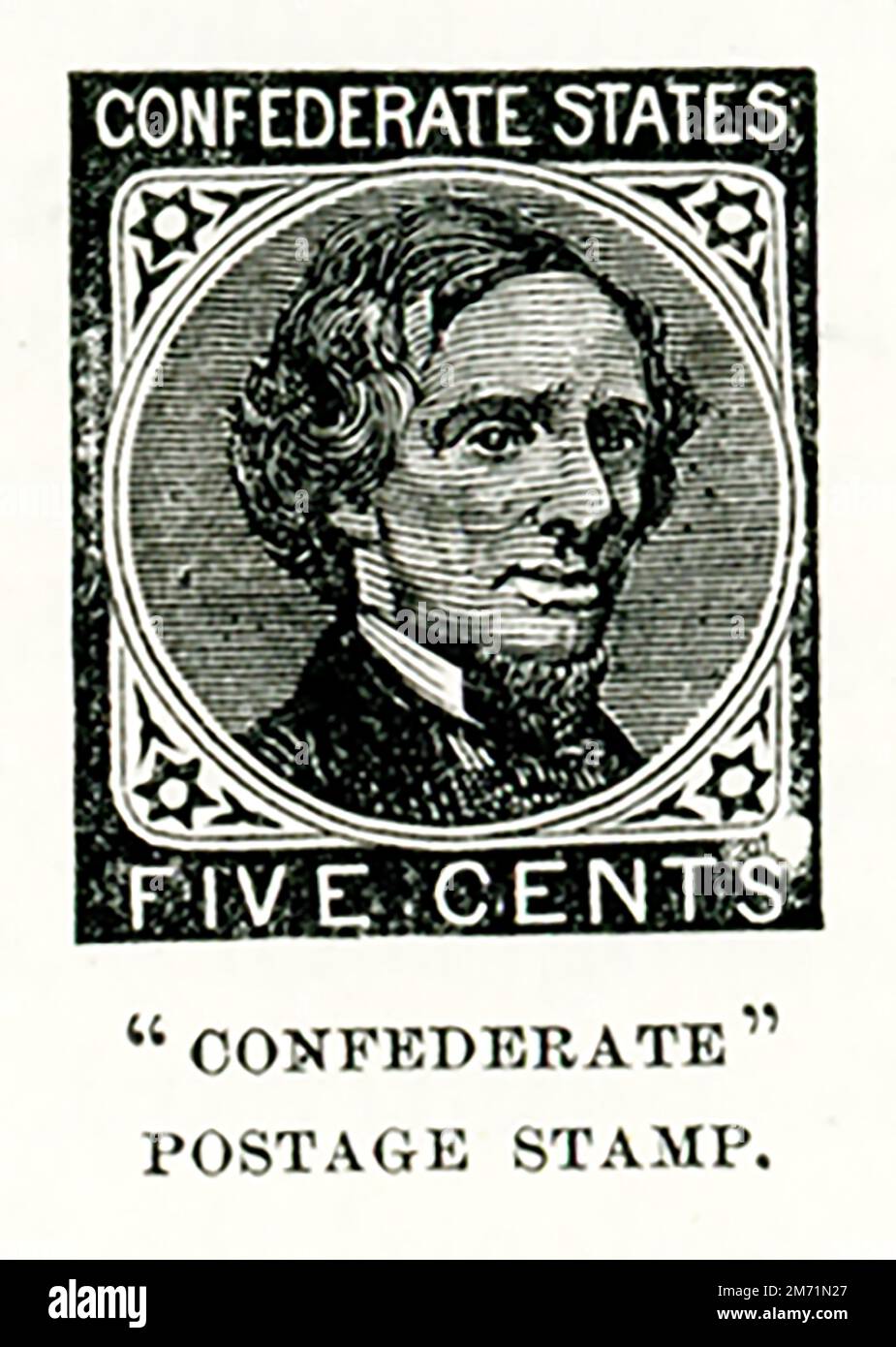 The first Confederate postage issues were placed in circulation in October 1861, five months after postal service between the North and South had ended. Jefferson Davis is depicted on the first issue of 1861. The appearance of a living person on a postage stamp marked a break from the tradition adhered to by the US Post Office, that a person may be depicted on US postage or currency only after death. Jefferson Davis served as the president of the Confederacy from 1861 to 1865. Stock Photo