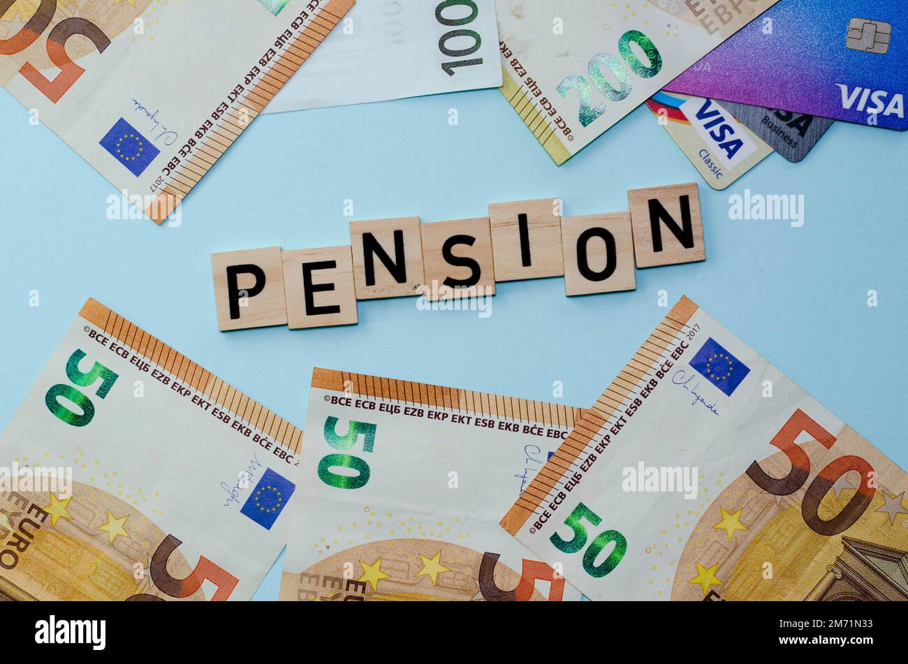 Concept of pension. Fall  reduction pension payments. Retirement. Financing retirees. Reduction of the pension fund. The low size of pensions. Poverty Stock Photo
