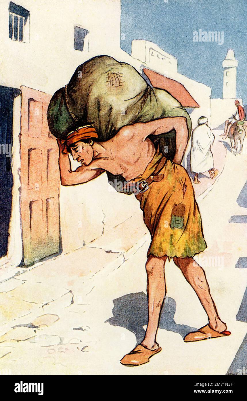 The tale of Sindbad the Sailor tells of an Arab adventurer at sea during the ninth and tenth centuries A.D. The 1917 caption reads: 'Hindbad—from Sindbad the sailor—was carrying a very heavy load.' Åccording to the tale, Hindbad, weighed down by a heavy load, passes by Sindbad the Sailor's grand house. He mutters some envious words, which Sindbad hears and invites him in, then tells Hindbad of his seven perilous voyages. Hindbad regrets his envious words, but Sindbad welcomes him=, gives him money, and invites him to come often, counting Hindbad now among his close friends. The tale of Sindbad Stock Photo