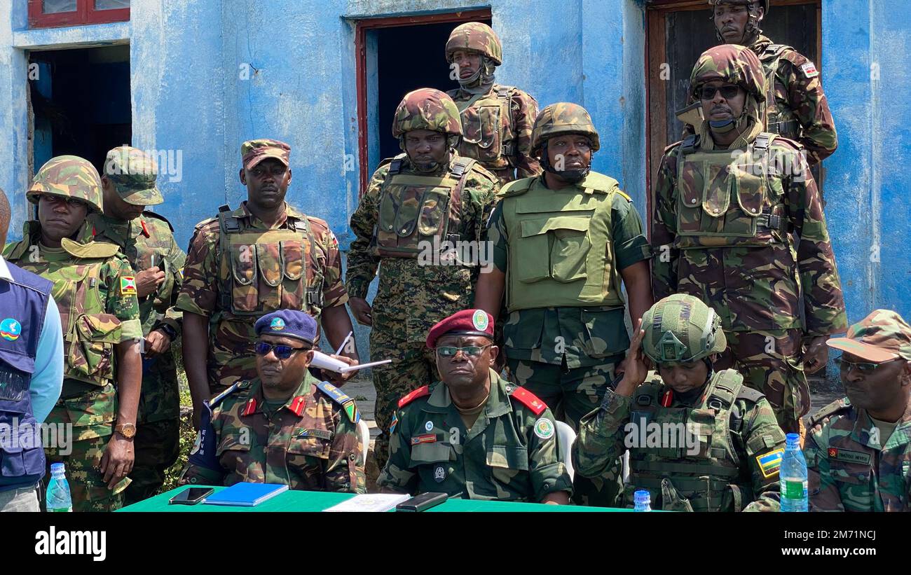 Rumangabo. 6th Jan, 2023. Photo taken on Jan. 6, 2023 shows a press conference held by the regional force of East African Community (EAC) and rebels of the March 23 Movement (M23) at Rumangabo, the Democratic Republic of the Congo (DRC). Rebels of the March 23 Movement (M23) on Friday officially handed over the Rumangabo military base they seized in the northeastern Democratic Republic of the Congo (DRC) in October 2022, to the military force of East African Community (EAC). Credit: Alain Uaykani/Xinhua/Alamy Live News Stock Photo