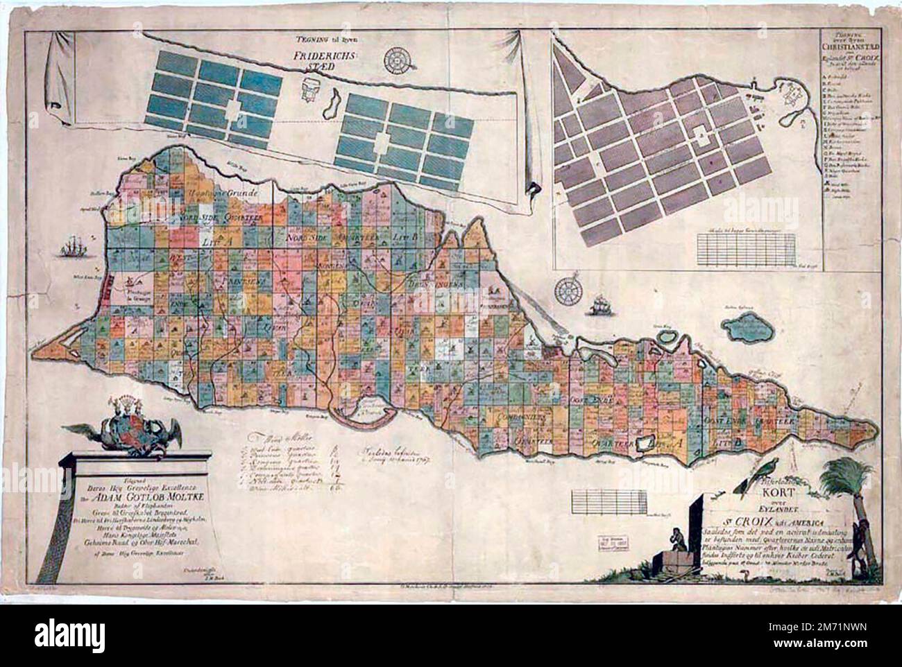 A 1754 map of the island of St Croix by Danish cartographer I.M. Beck. Stock Photo