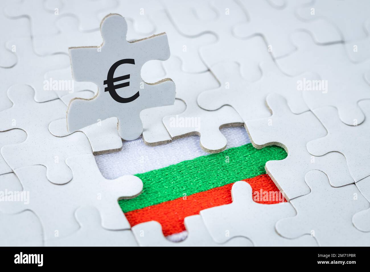 flag of bulgaria and Euro symbol, jigsaw puzzle, Common currency of the European Union, Business concept, Adoption of bulgaria into the euro zone Stock Photo