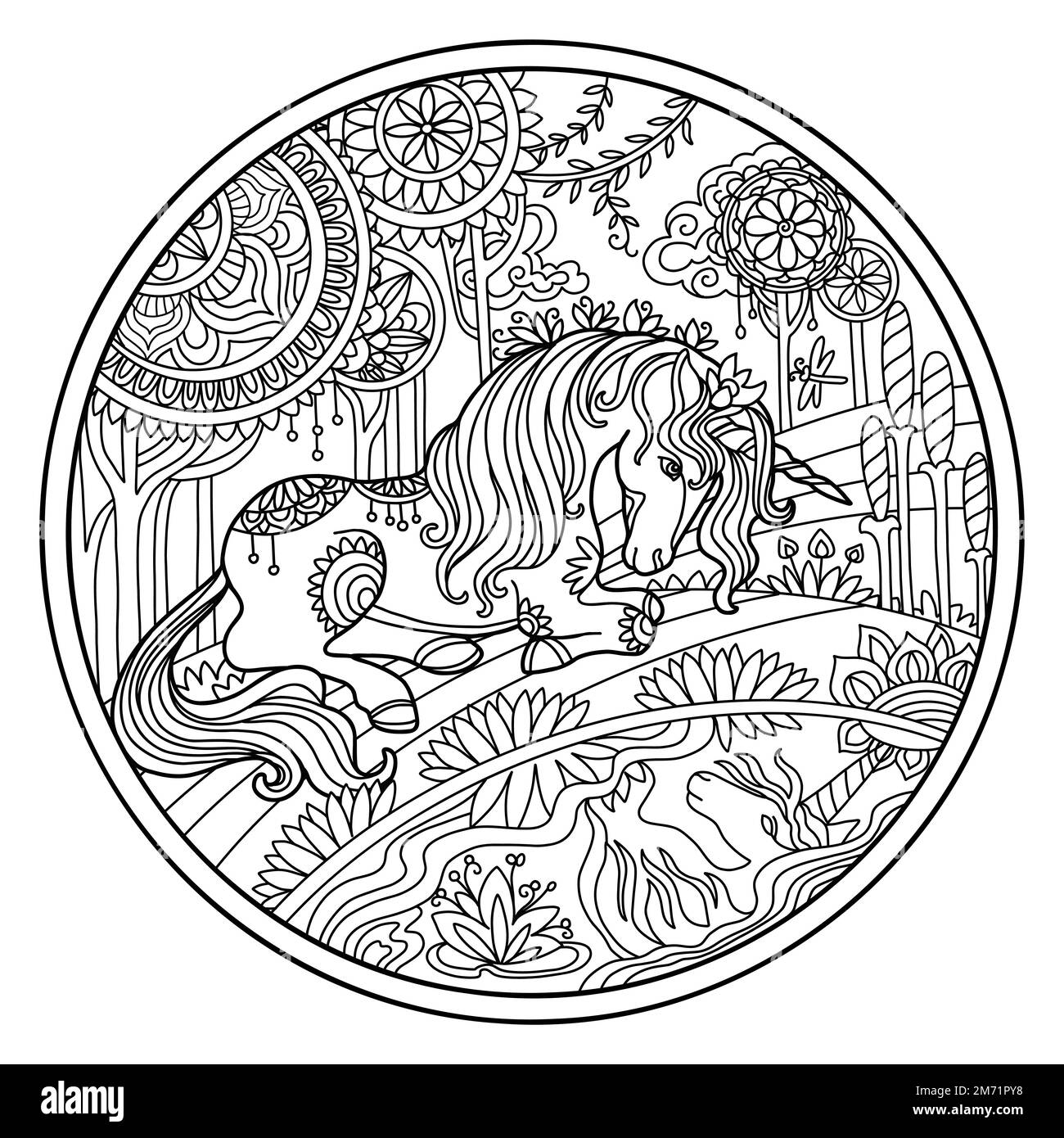 Vector coloring book page ornate unicorn is lying by the pond, circle ...