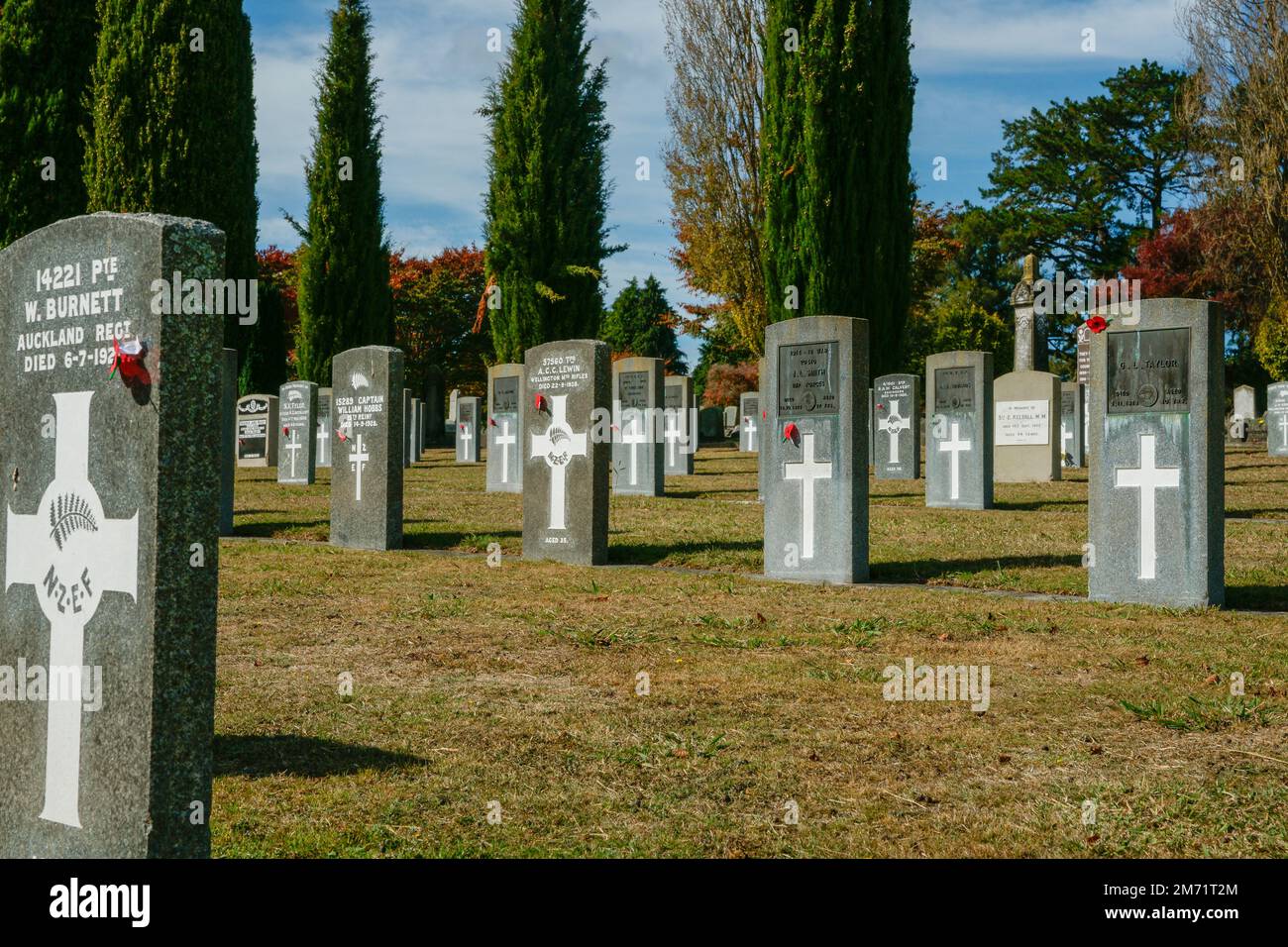 Hamilton New Zealand April 25 2010; Headstones of fallen soldiers in