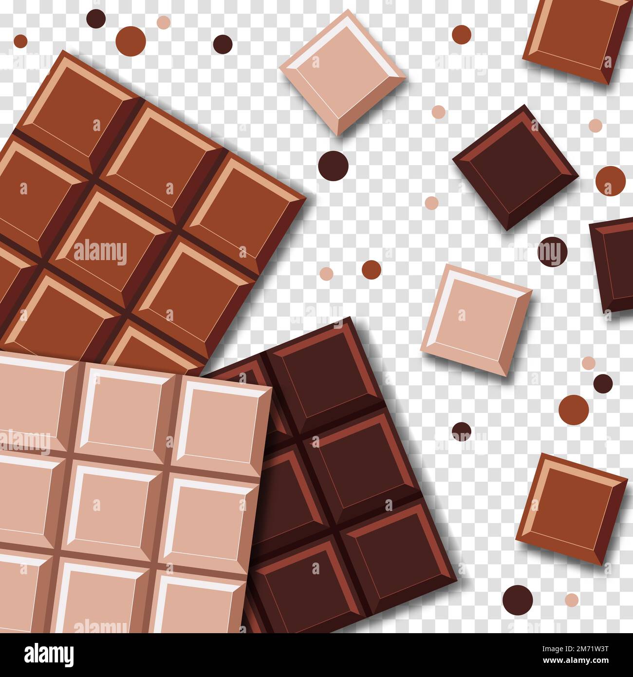 Chocolate bars. Realistic Chocolate Bar with Pieces. Milk, dark and white chocolate bars. Vector illustration Stock Vector