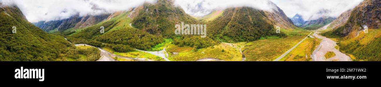Monkey creek stop over in a mountain valley to Milford Sound mountains of NZ. Stock Photo