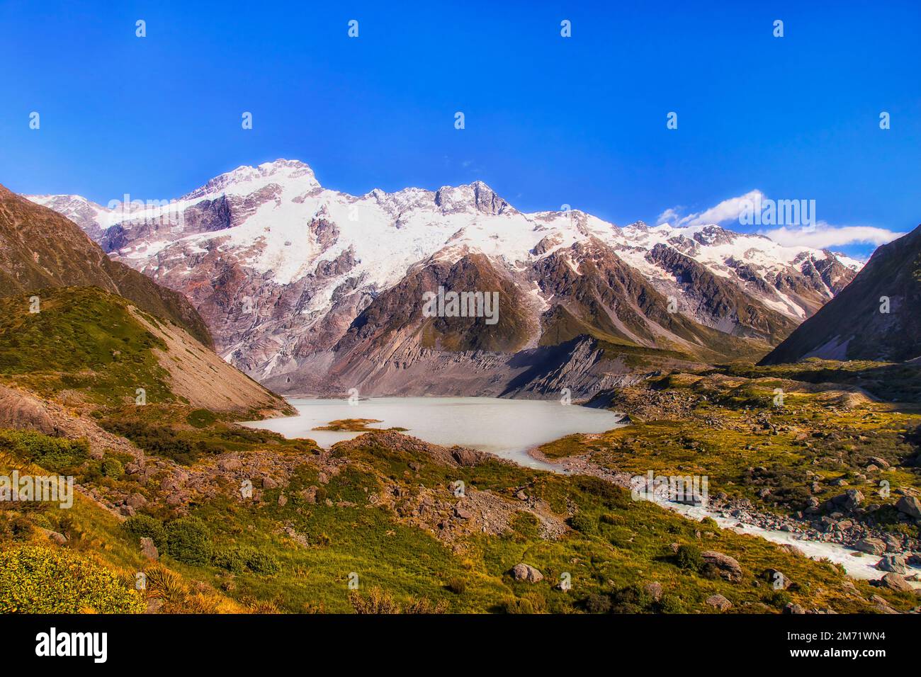 Scenic mountain landscape of Hooker valley and Mueller lake to Mt Cook - New Zealand. Stock Photo