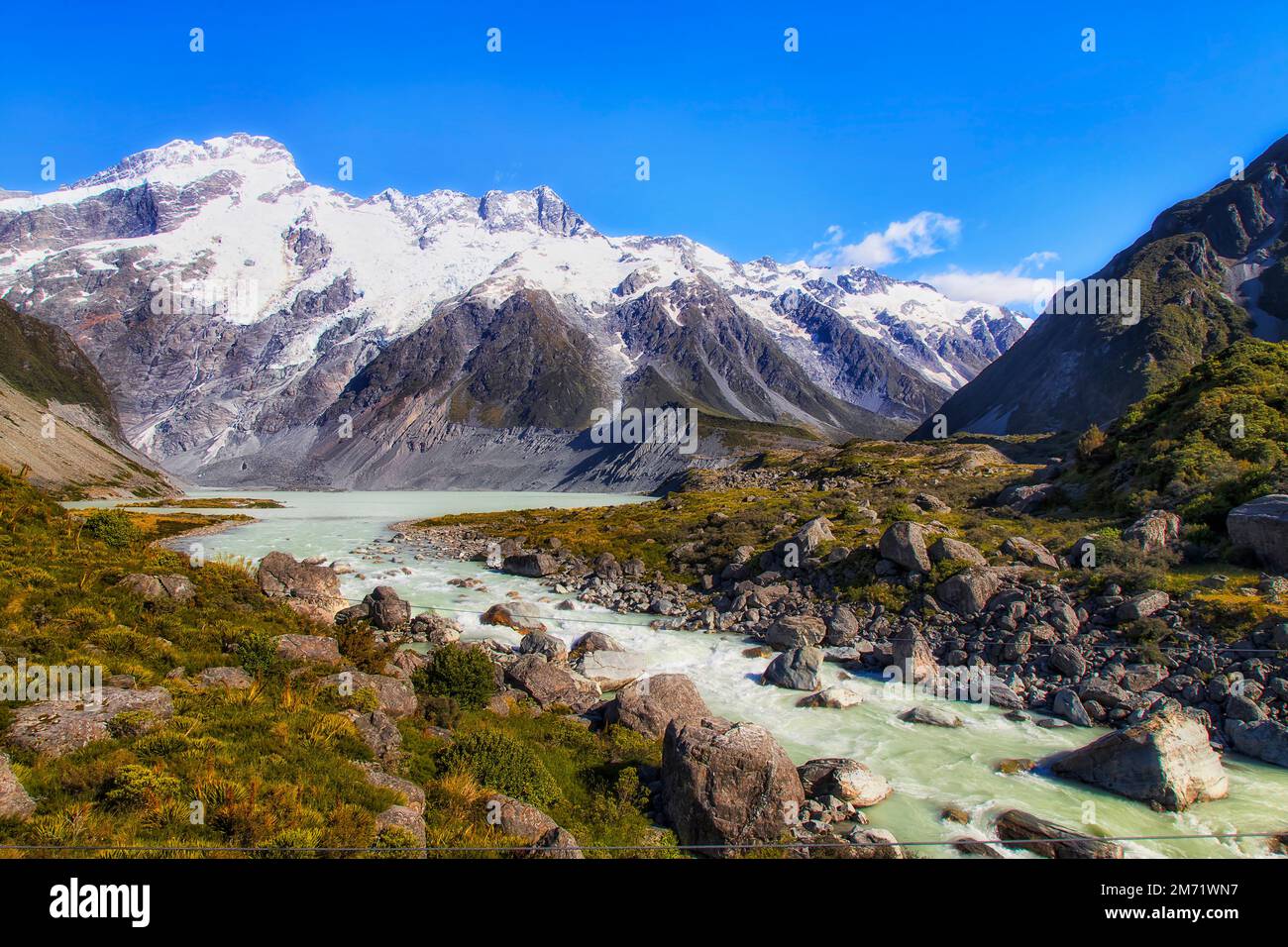 Mueller lake in Hooker valley under Sefton mountain on a way to Mt Cook in New Zealand. Stock Photo