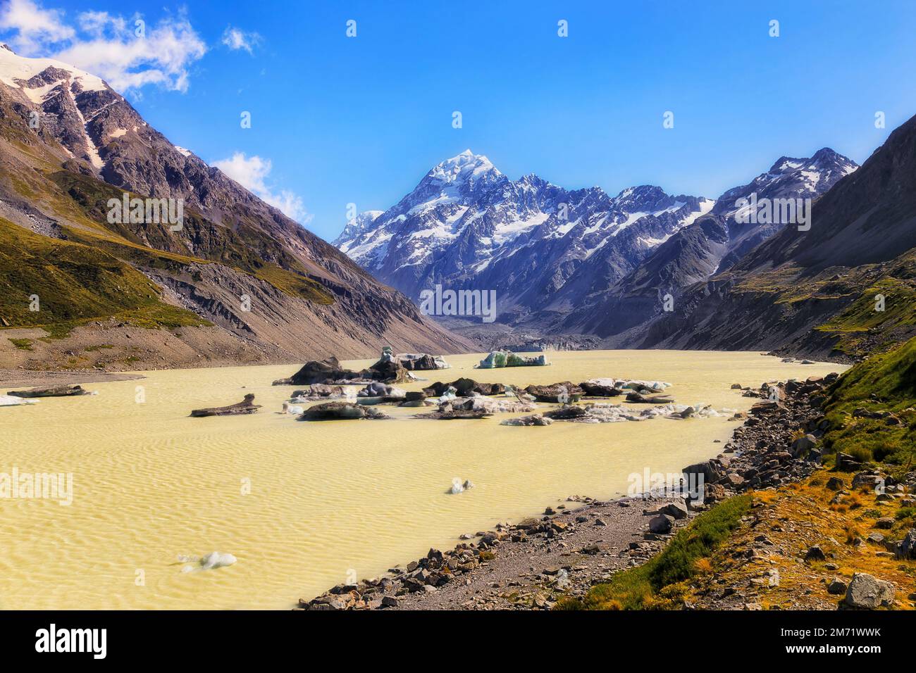 Observation point on Hooker lake to Mt Cook in mountains of New Zealand - scenic landscape. Stock Photo
