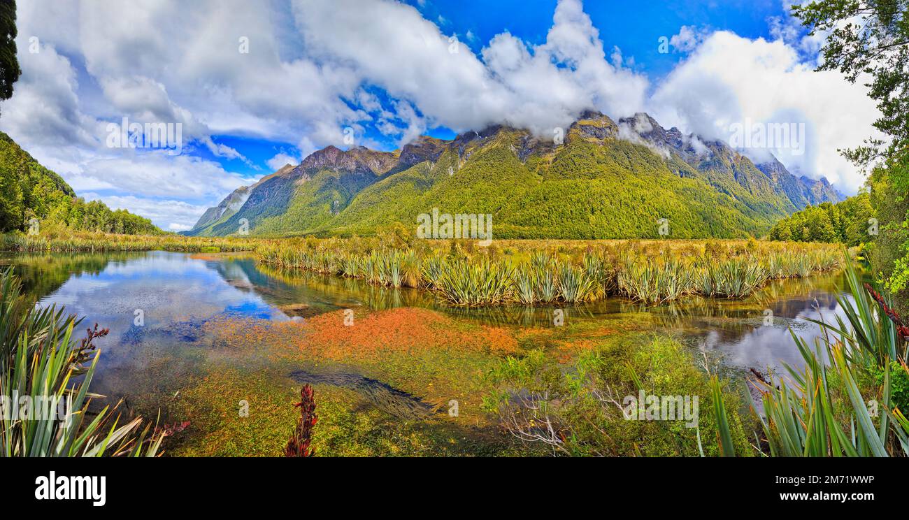Scenic Mirror lakes in Milford sound mountain area of New Zealand southlands. Stock Photo