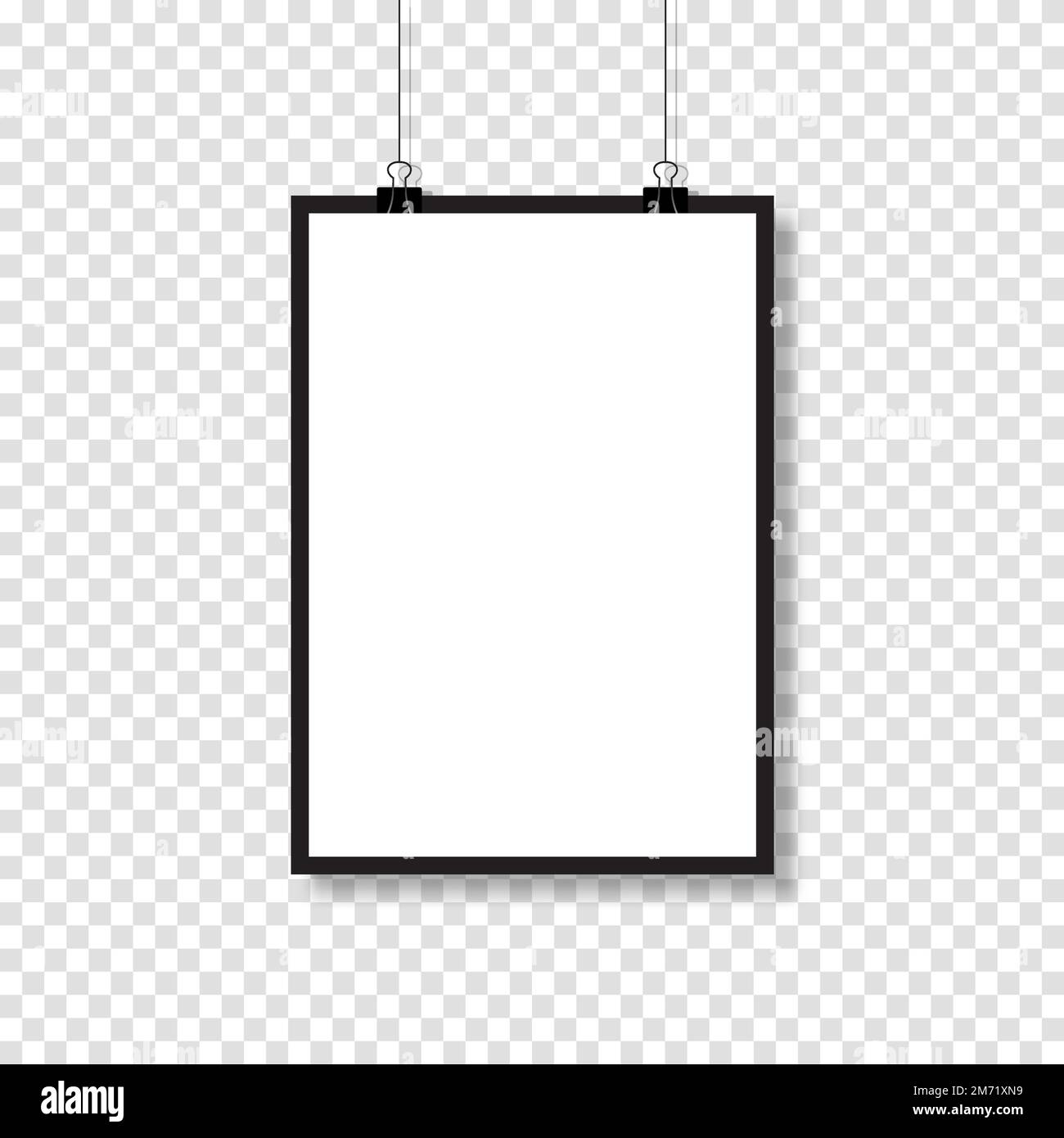Realistic blank white paper hanging on clip. Mockup template. Vertical