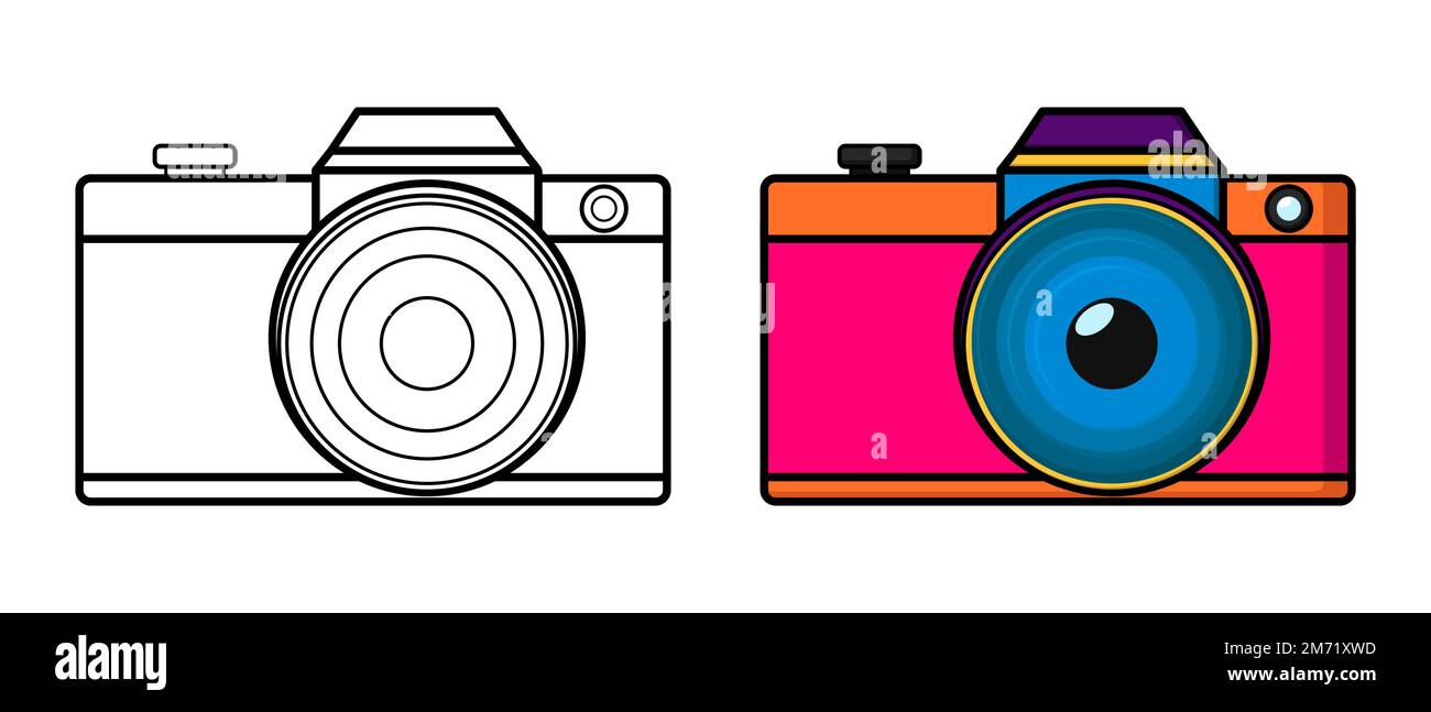 Camera line and color. Coloring book for kids. Digital camera. Vector illustration for coloring book Stock Vector
