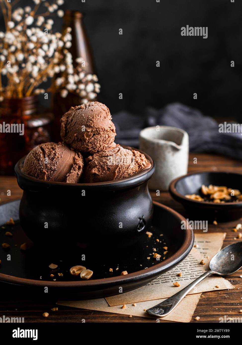 Chocolate ice cream in a black bowl Stock Photo - Alamy