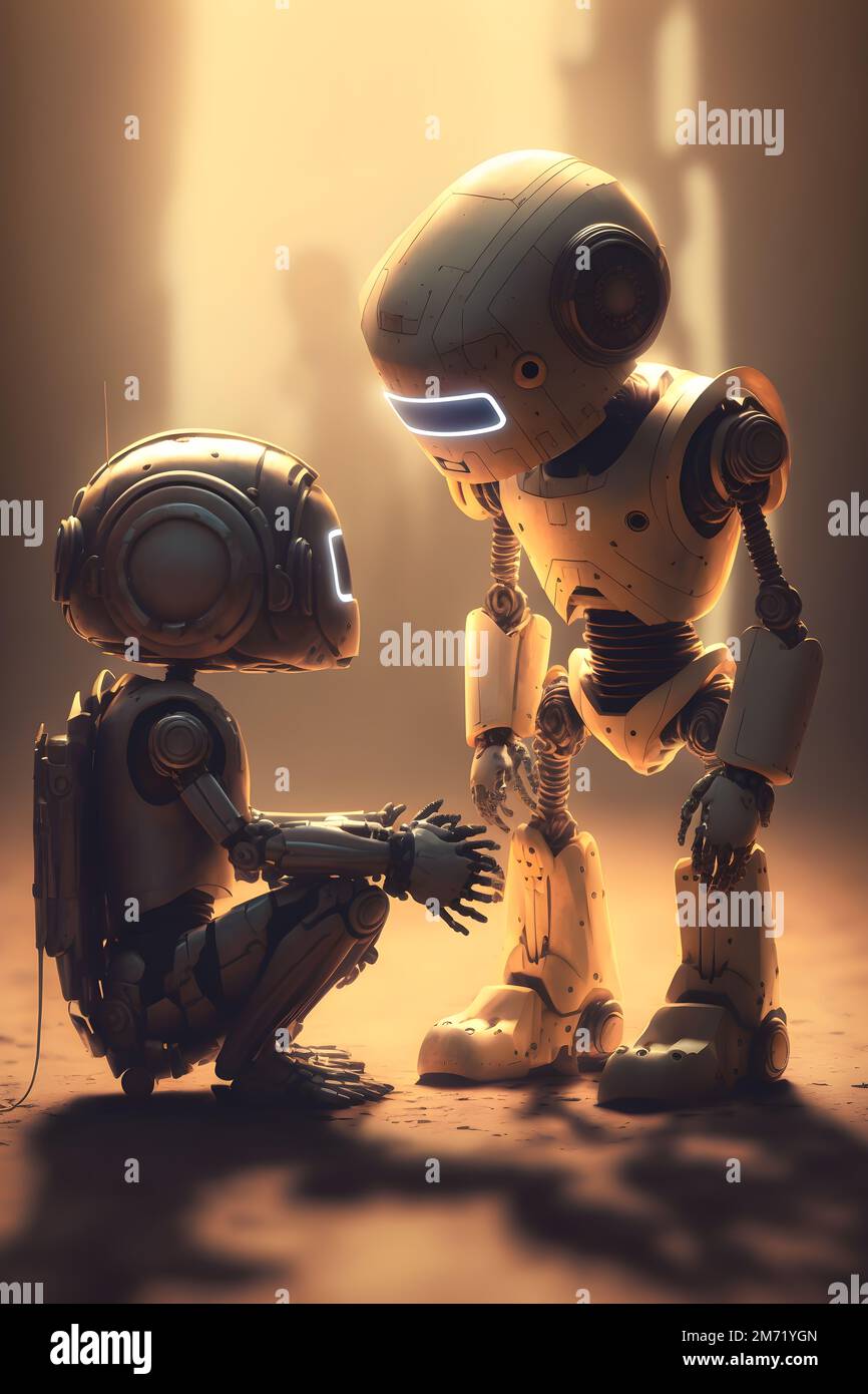 Dialogue between two robots. Robotic art surreal illustration. Generative AI. Stock Photo