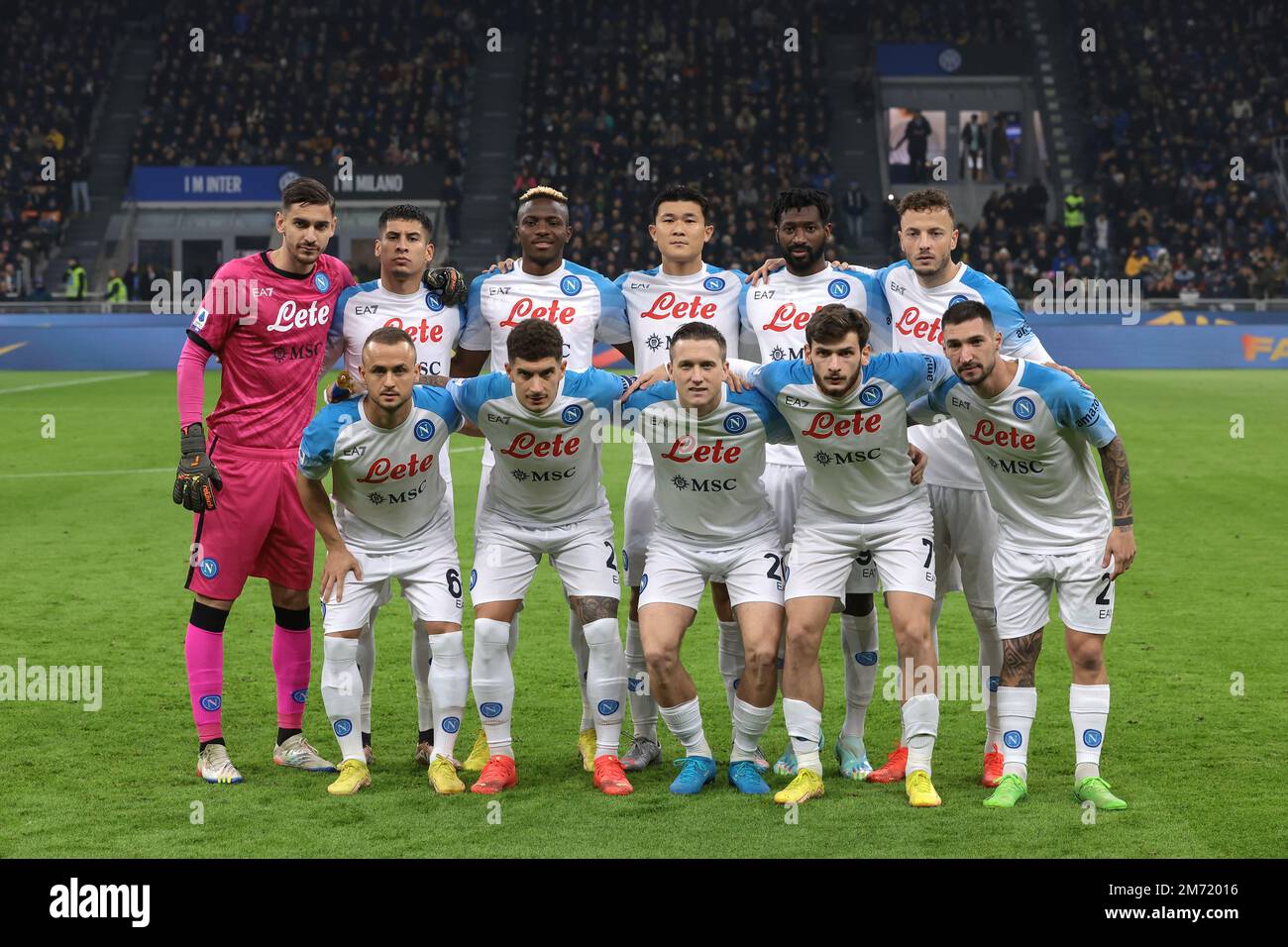 Milan, Italy, 4th January 2023. The SSC Napoli starting eleven line up for a team photo prior to kick off, back row ( L to R ); Alex Meret, Mathias Olivera, Victor Osimhen, Min-Jae Kim, Andre Anguissa and Amir Rrahmani, front row ( L to R ); Stanislav Lobotka, Giovanni Di Lorenzo, Piotr Zielinski, Khvicha Kvaratskhelia and Matteo Politano, in the Serie A match at Giuseppe Meazza, Milan. Picture credit should read: Jonathan Moscrop / Sportimage Stock Photo