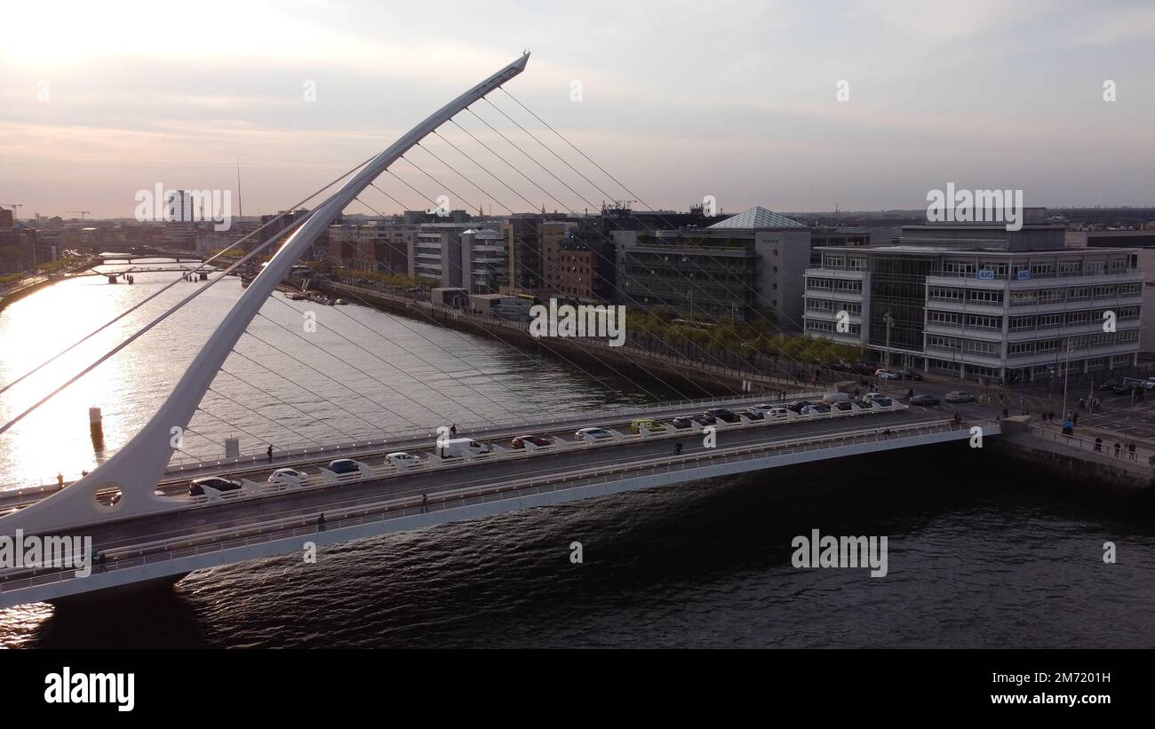 Samuel Beckett Bridge over River Liffey in Dublin - aerial view Stock ...