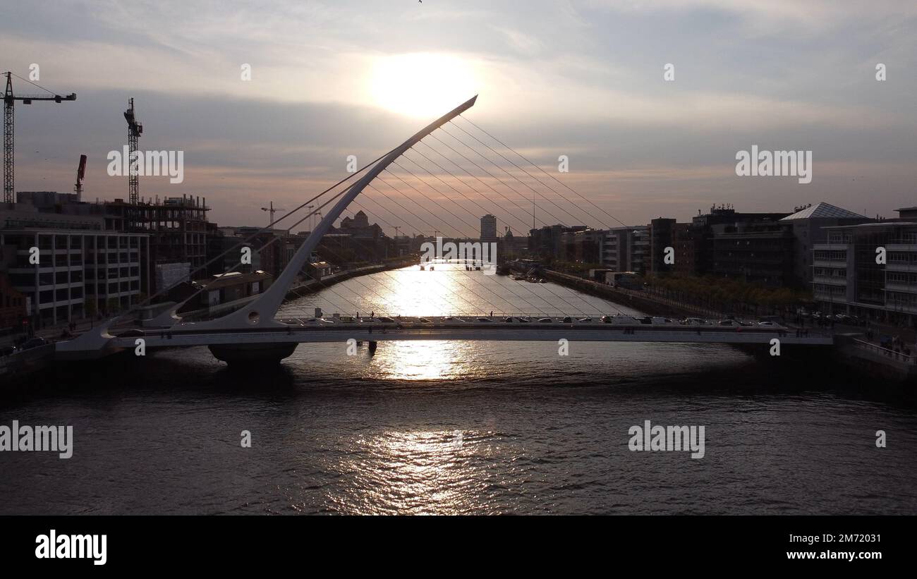 Samuel Beckett Bridge over River Liffey in Dublin - aerial view Stock ...