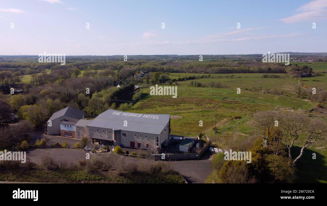 Famous Dark Hedges and Hedges Hotel in Northern Ireland aerial