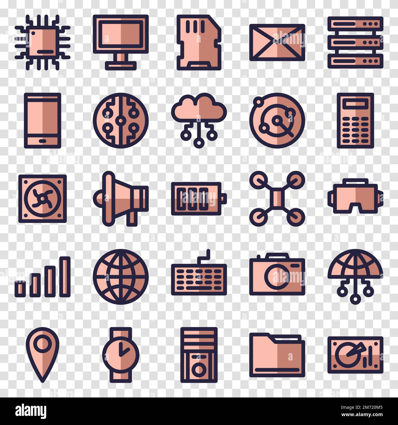 Set of 25 device and technology web icons in filled style. Industry 4.0 concept factory of the future. Collection filled icons of technology. Vector i Stock Vector