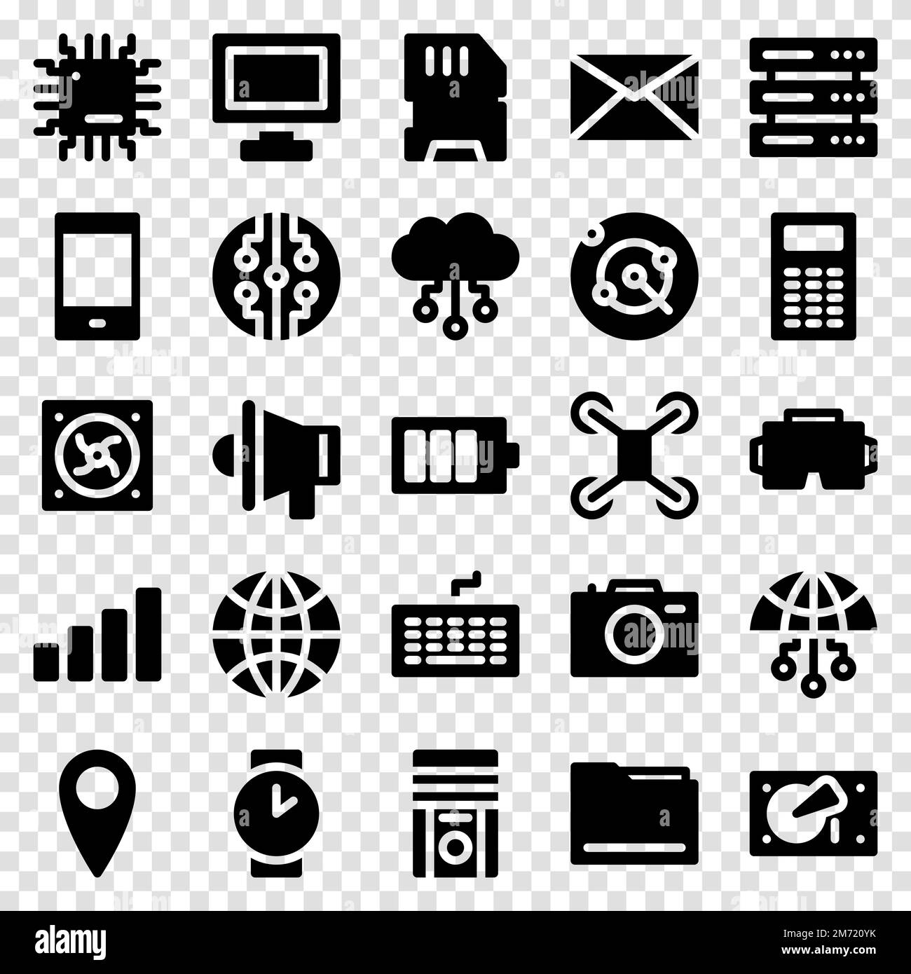 Set of 25 device and technology web icons in solid style. Industry 4.0 concept factory of the future. Collection solid icons of technology. Vector ill Stock Vector