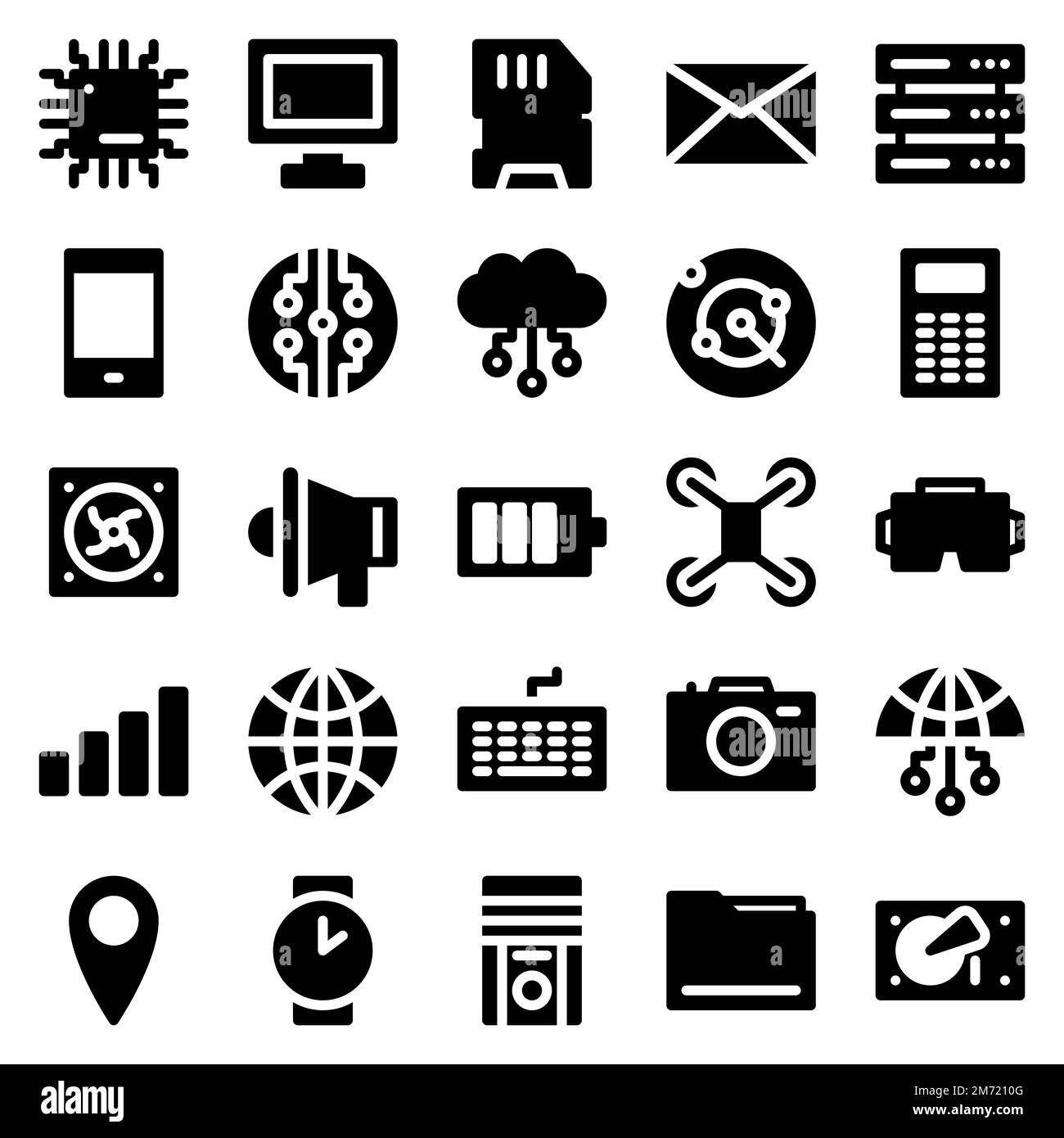 Set of 25 device and technology web icons in solid style. Industry 4.0 concept factory of the future. Collection solid icons of technology. Vector ill Stock Vector