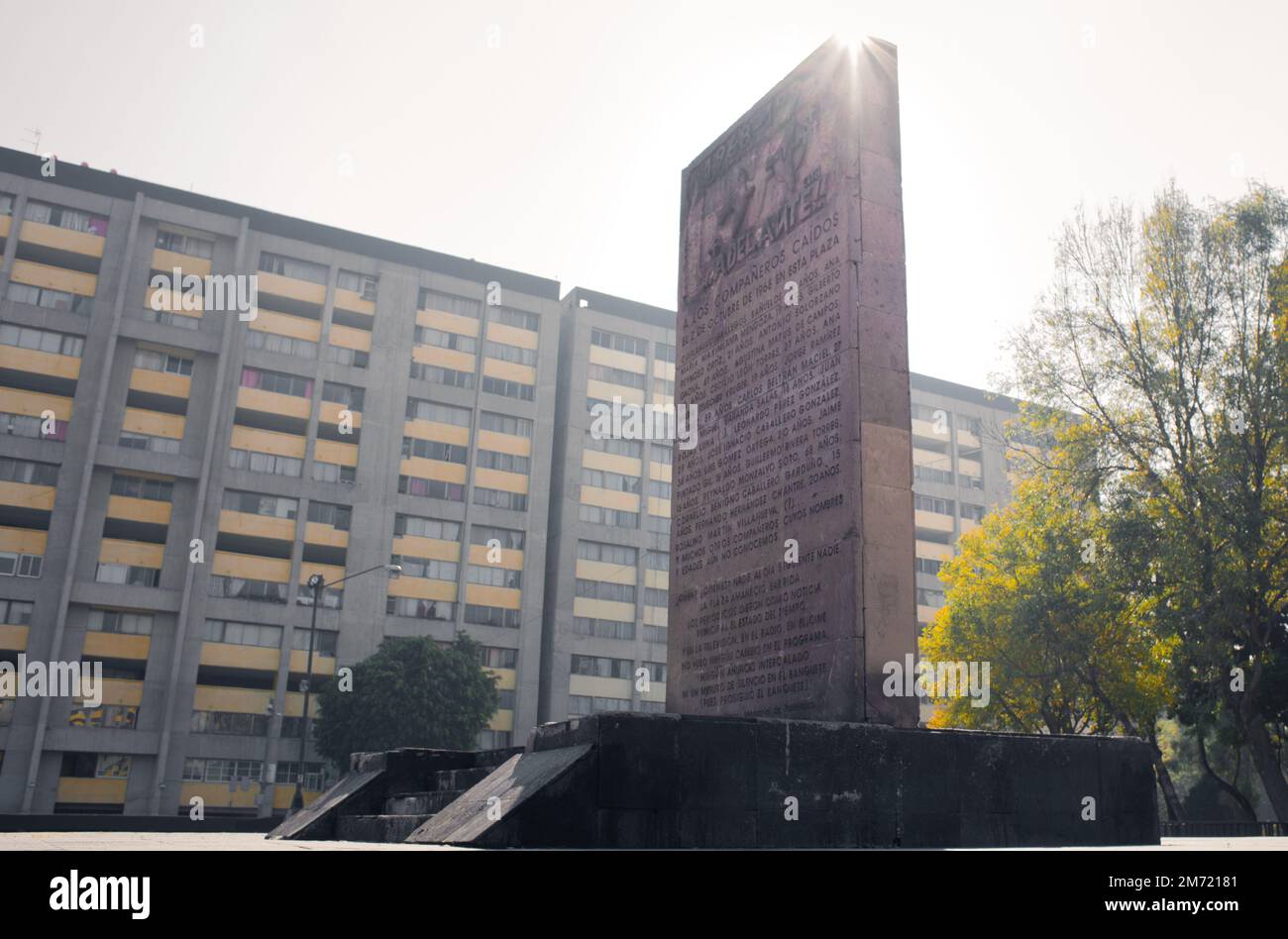 Tlatelolco, CDMX, 10 12 22, Monument to the students in the Plaza de las Tres Culturas with a building in the background, no people Stock Photo