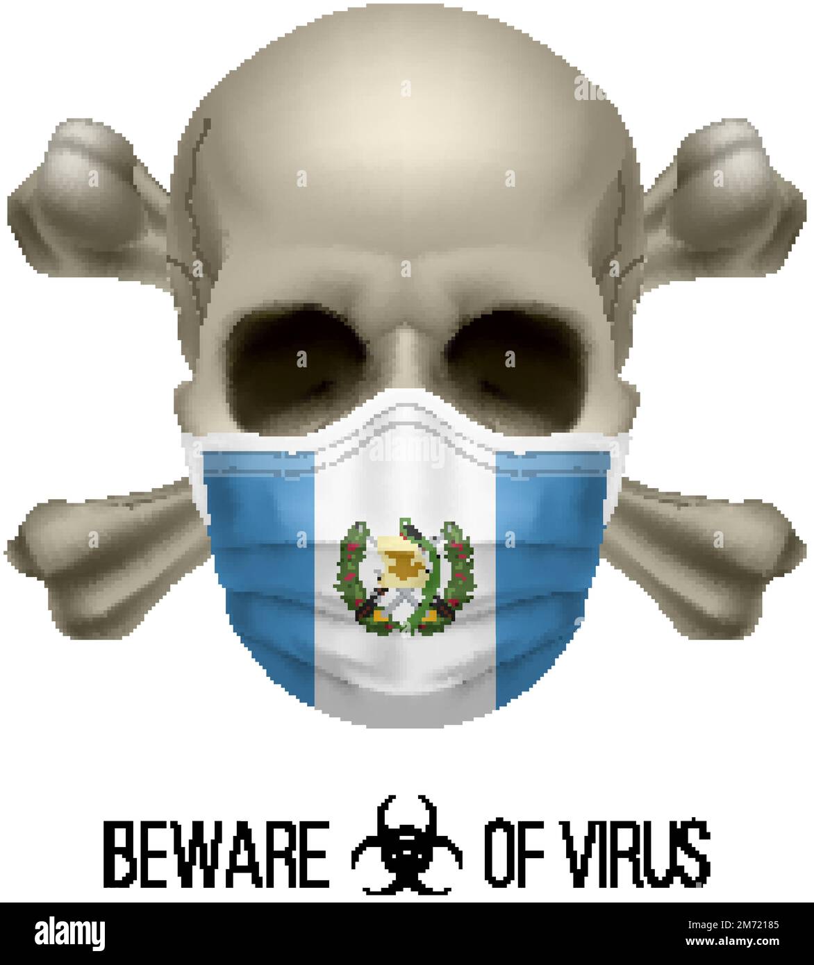 Human Skull with Crossbones and Surgical Mask in the Color of National Flag Guatemala. Mask in Form of the Guatemalan Flag and Skull as Concept of Dir Stock Vector