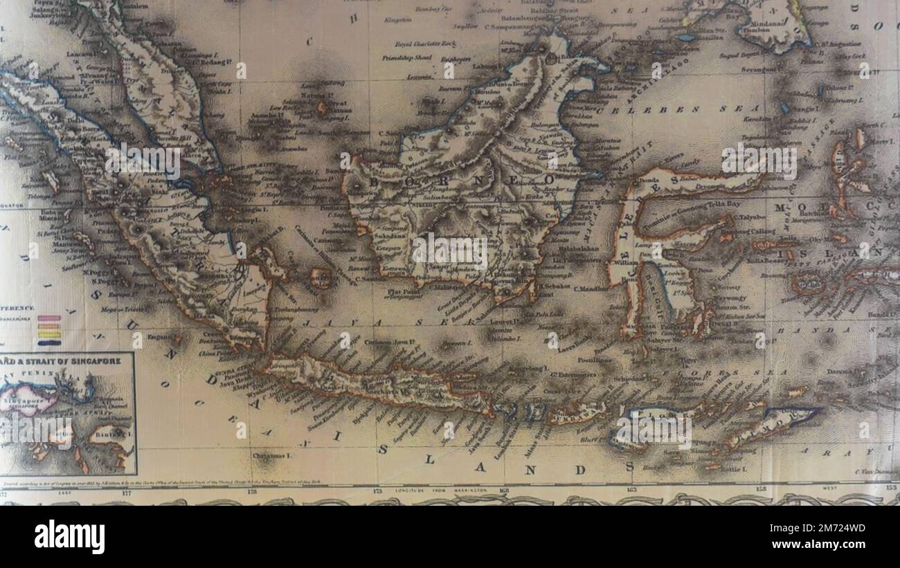 Blurry defocused Indonesian map on the wall. Kalimantan Borneo, Java, Bali, Sumatera, Sulawesi , Papua Island Stock Photo