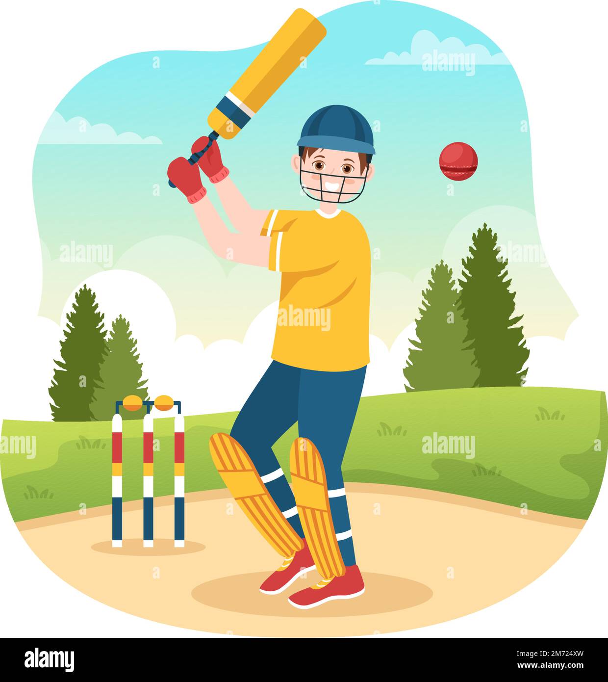 Batsman Playing Cricket Sport Illustration with Bat and Balls in the