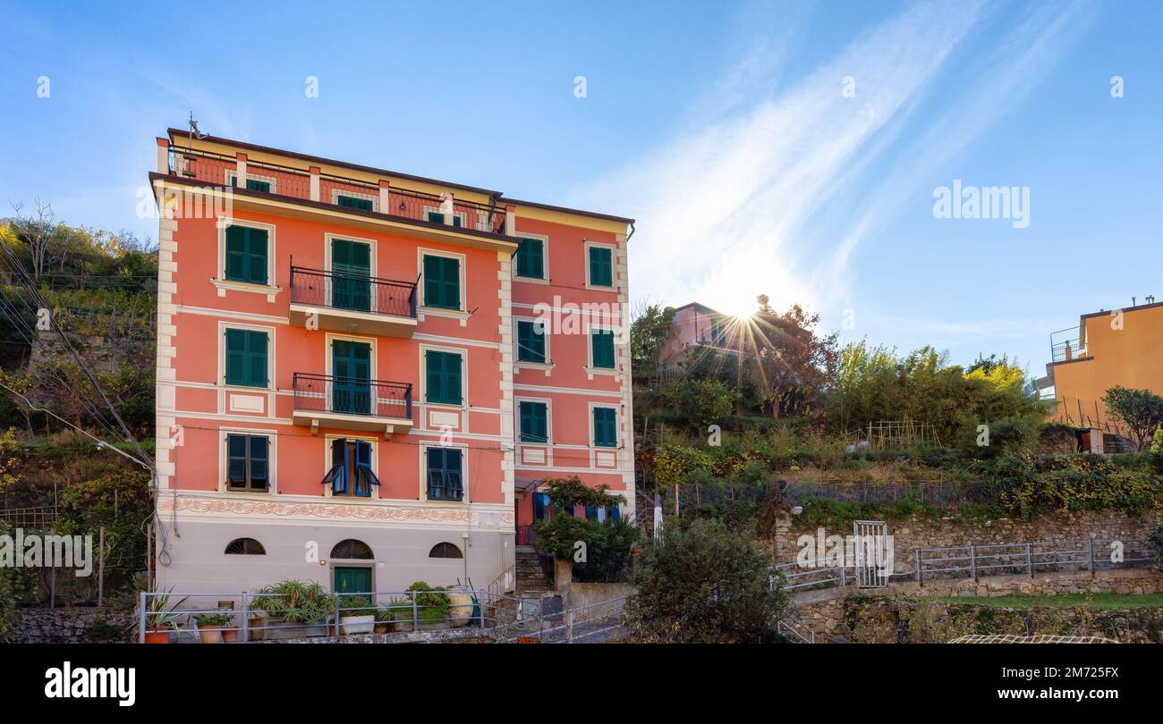 Colorful apartment homes in Riomaggiore, Italy. Cinque Terre Stock